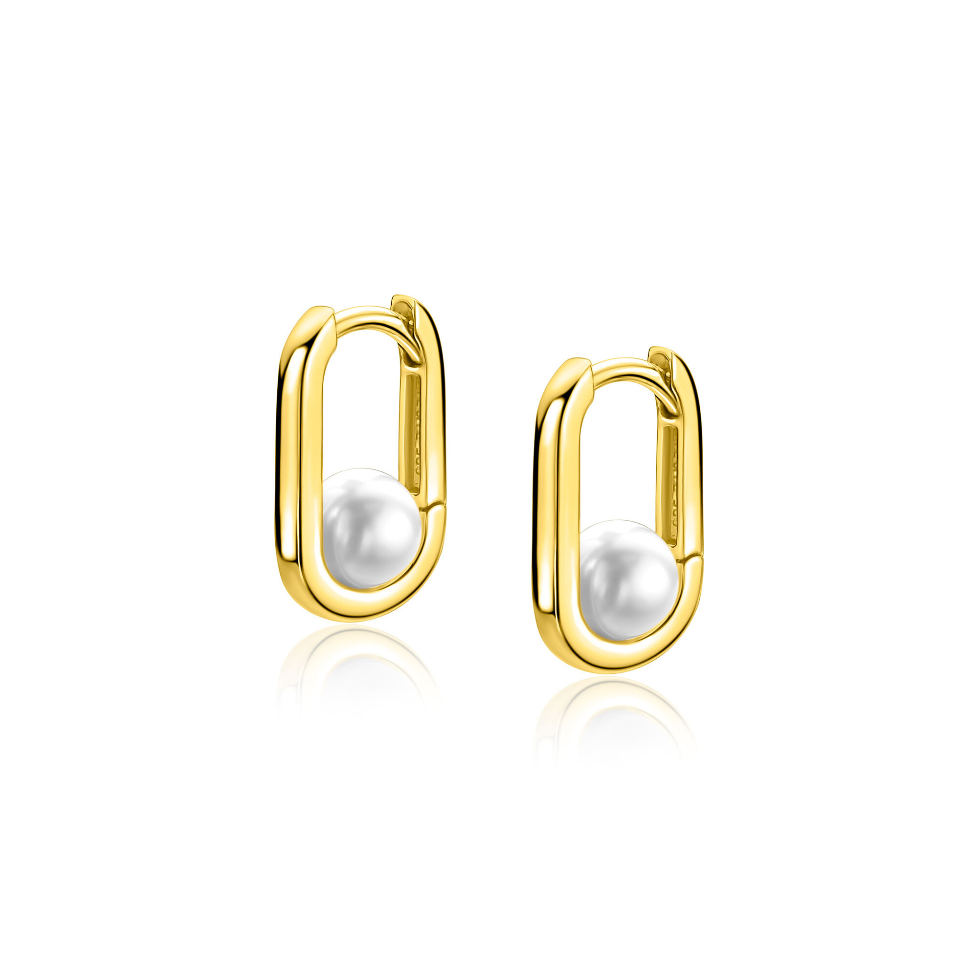 13,5mm ZINZI gold plated zilveren ovale oorringen met witte parel en luxe klapsluiting ZIO-BF146
