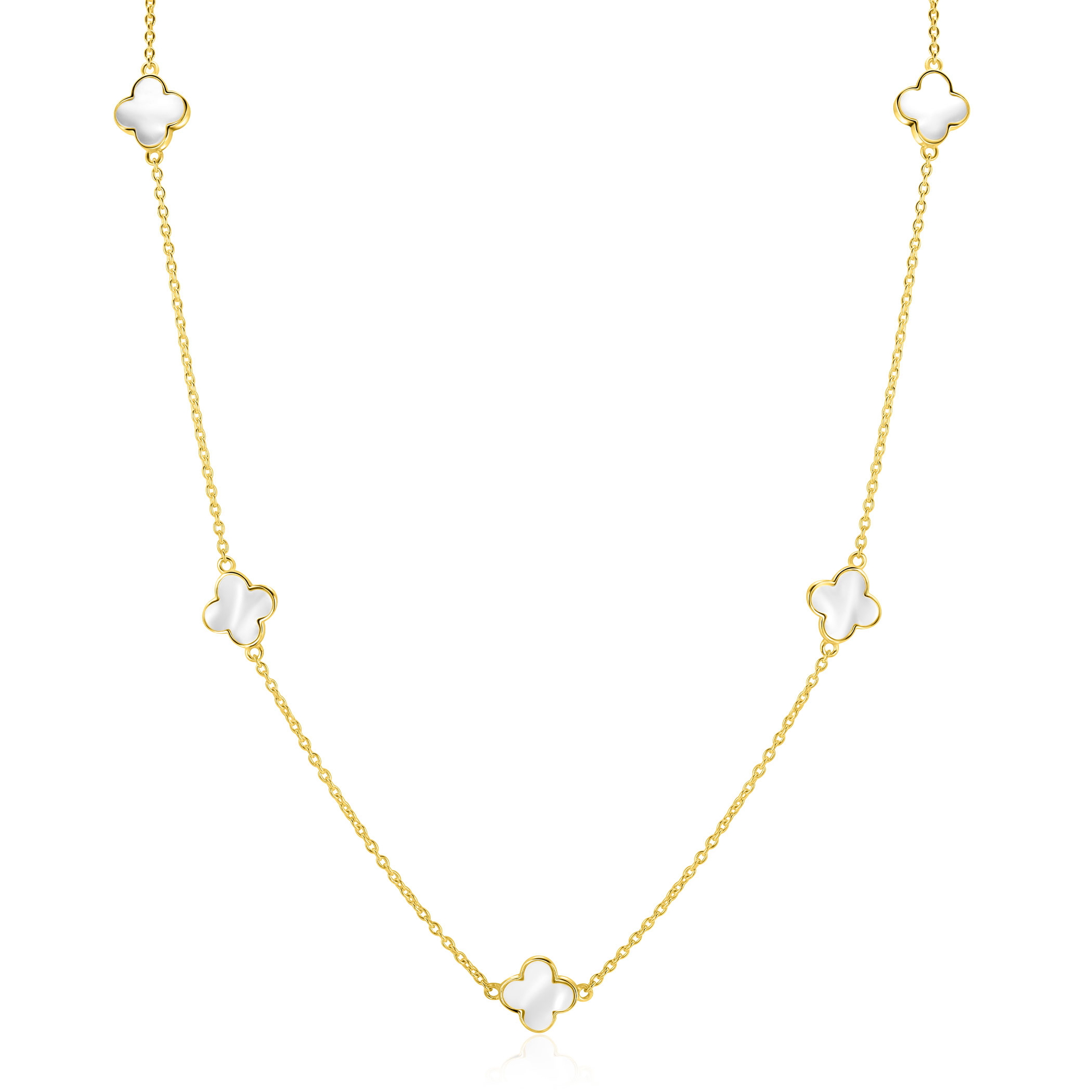 ZINZI gold plated zilveren ketting met vijf klavers 11mm in parelmoer 42-45cm ZIC-BF153
