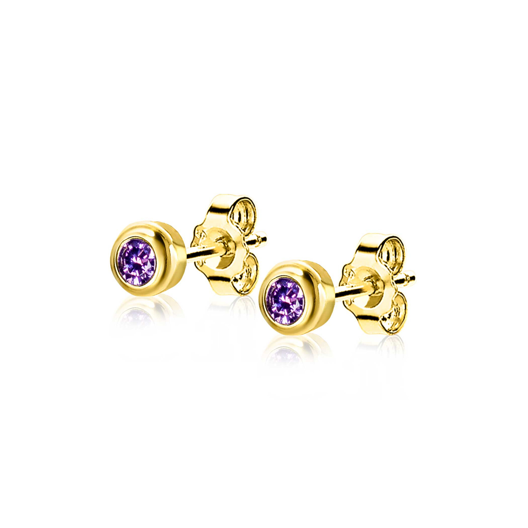 FEBRUARI oorknoppen 4mm gold plated met geboortesteen paars amethist zirconia
