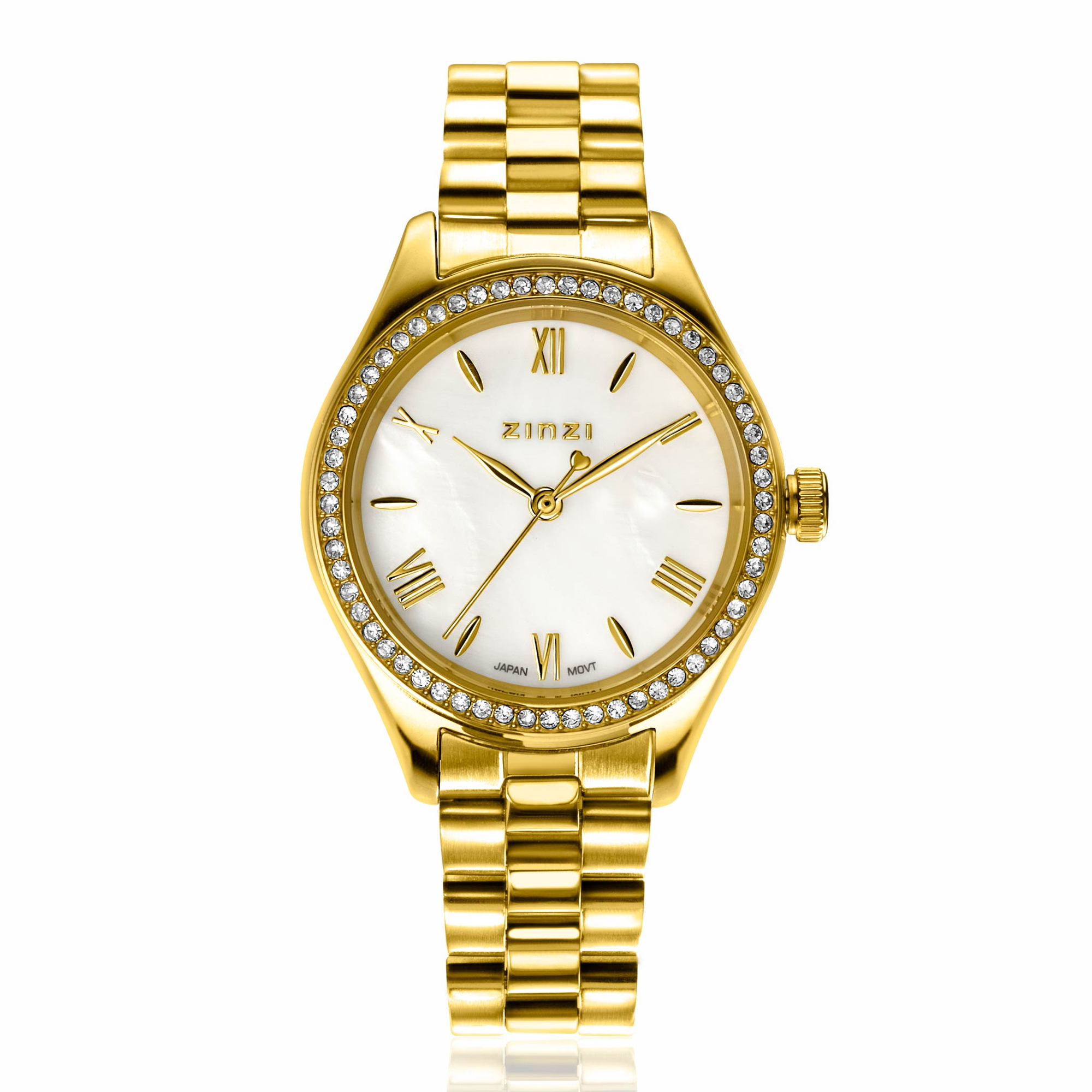 ZINZI Tresor horloge 32mm bezet met witte zirkonia's, parelmoer wijzerplaat en goudkleurige stalen kast en schakelband ZIW2434

