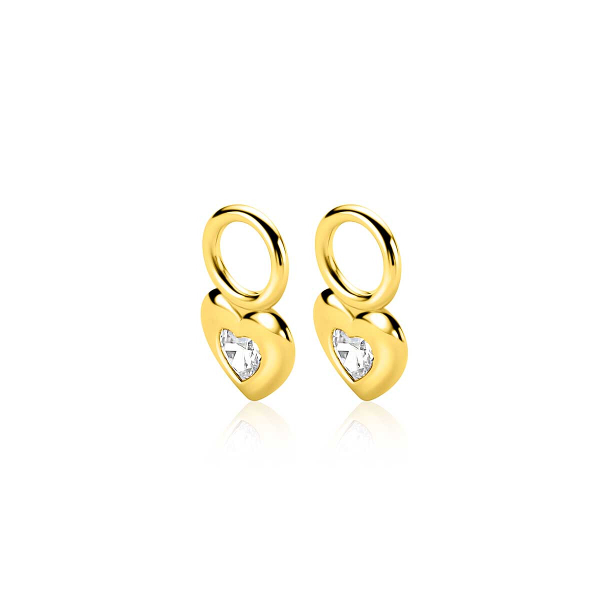 7mm ZINZI gold plated zilveren oorbedels met een glad hartje, bezet met een hartvormige witte zirkonia ZICH2886Y (zonder oorringen)