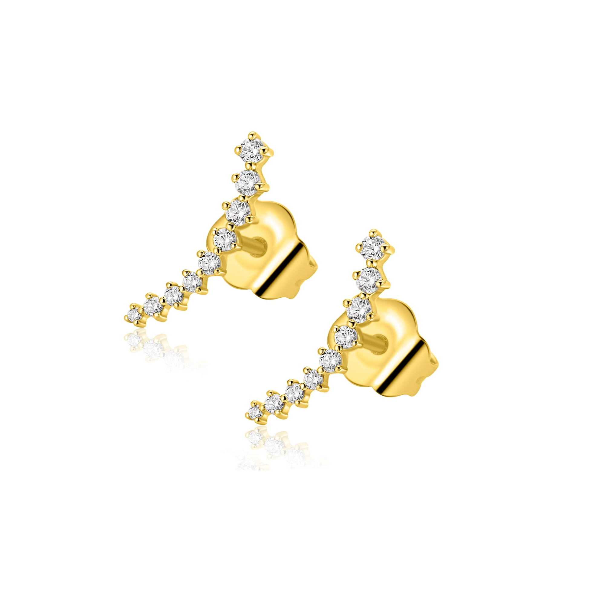 15mm ZINZI goldplated zilveren oorstekers met asymmetrische curve bezet met negen witte zirkonia's ZIO2818