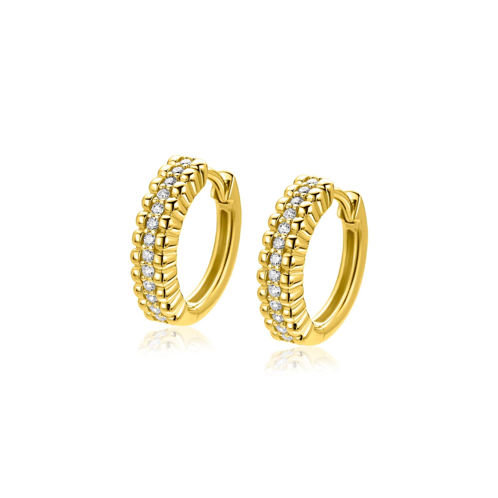 16,5mm ZINZI goldplated zilveren oorringen met speelse structuur en een rij witte zirkonia's in het midden, luxe klapsluiting ZIO2834Y
