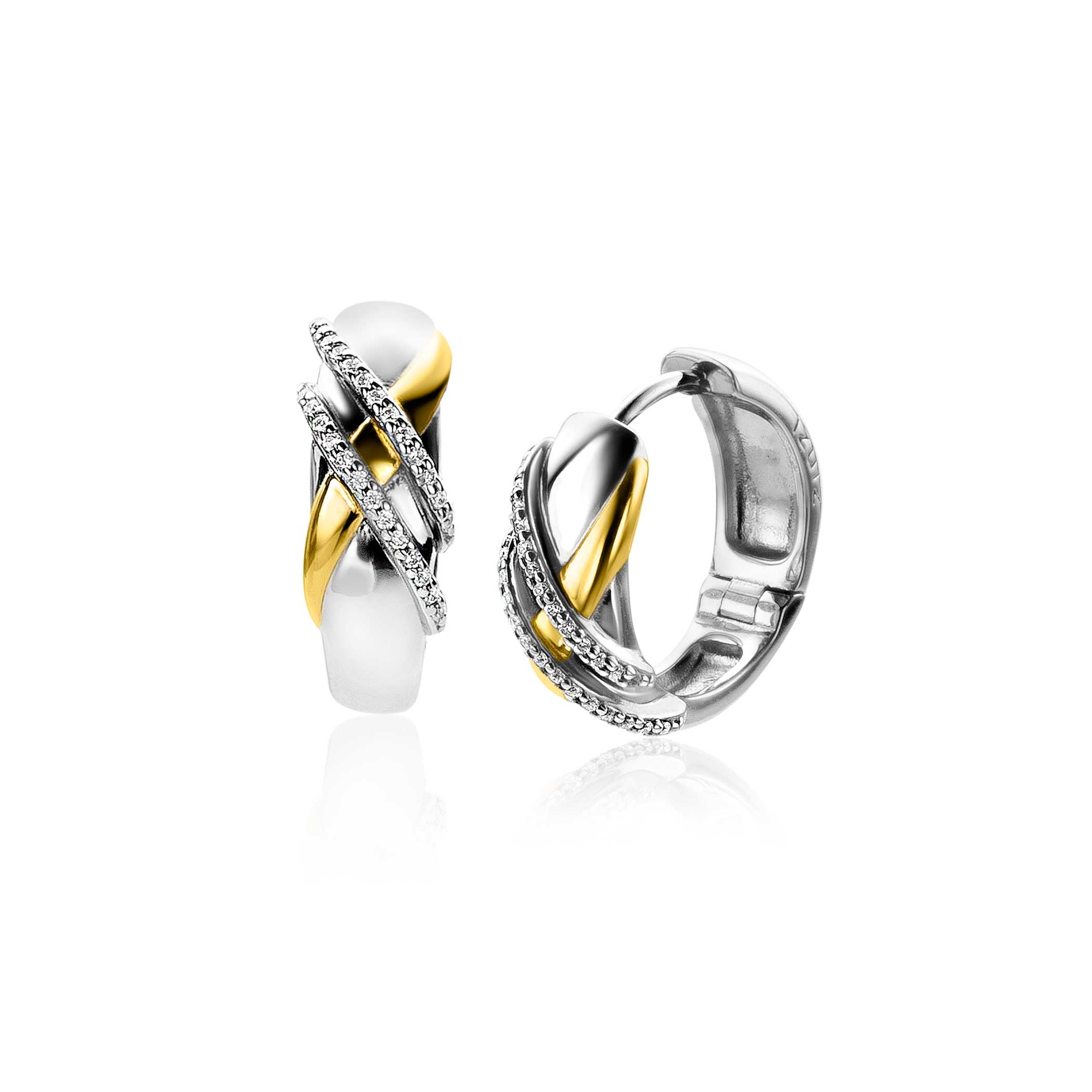 ZINZI silberne Luxus-Ohrringe Cross-Over zweifarbig mit weißen Zirkonias 16x6mm ZIO2243