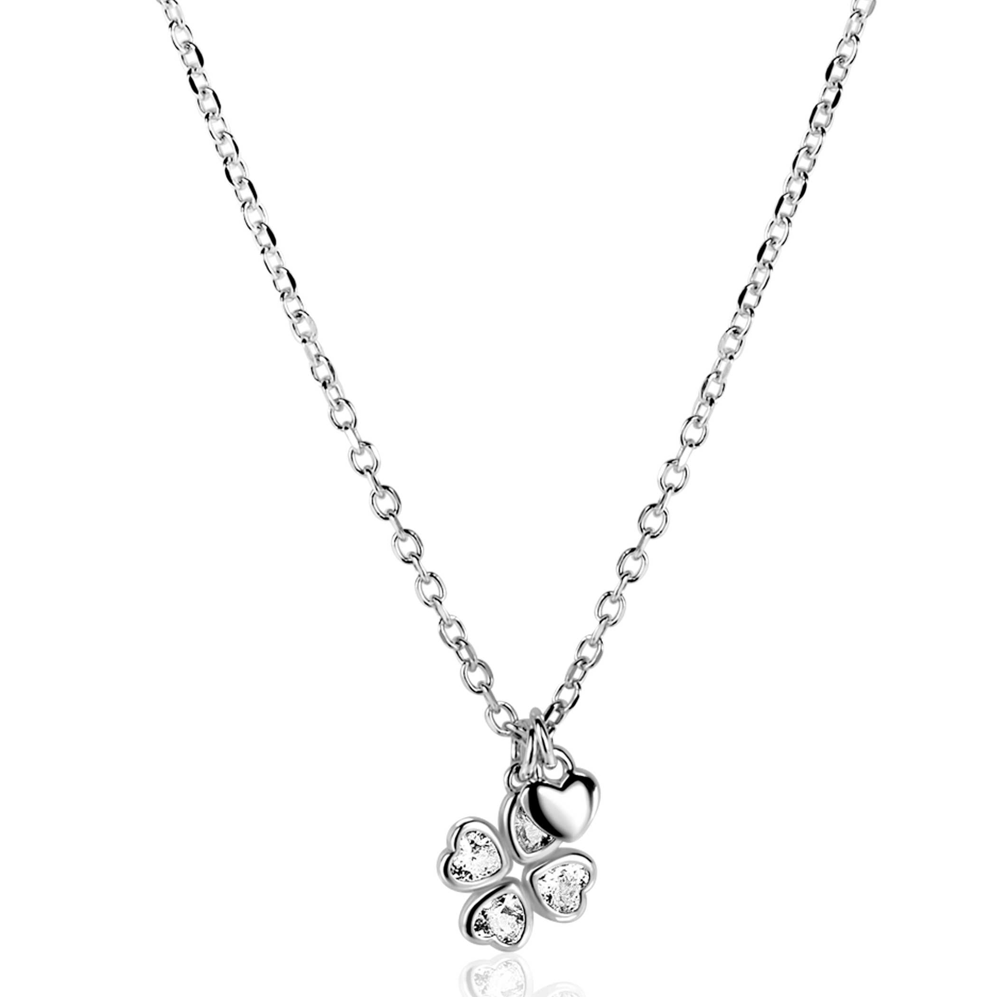 ZINZI zlv. collier met klaver zirc. en hartje