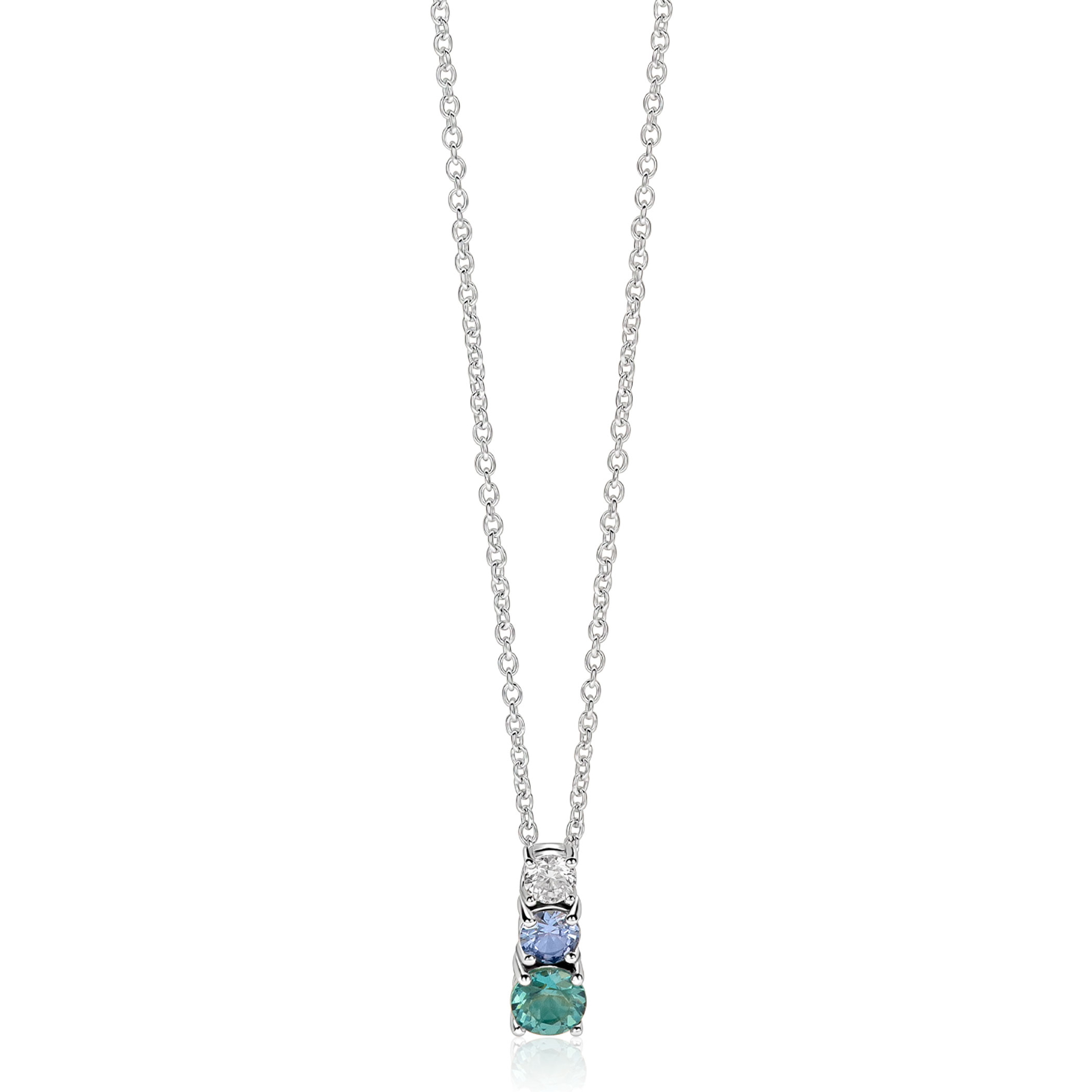 ZINZI zilveren ketting met strakke hanger bezet met witte, blauwe en petrol blauwe zirkonia's 42-45cm ZIC-BF143
