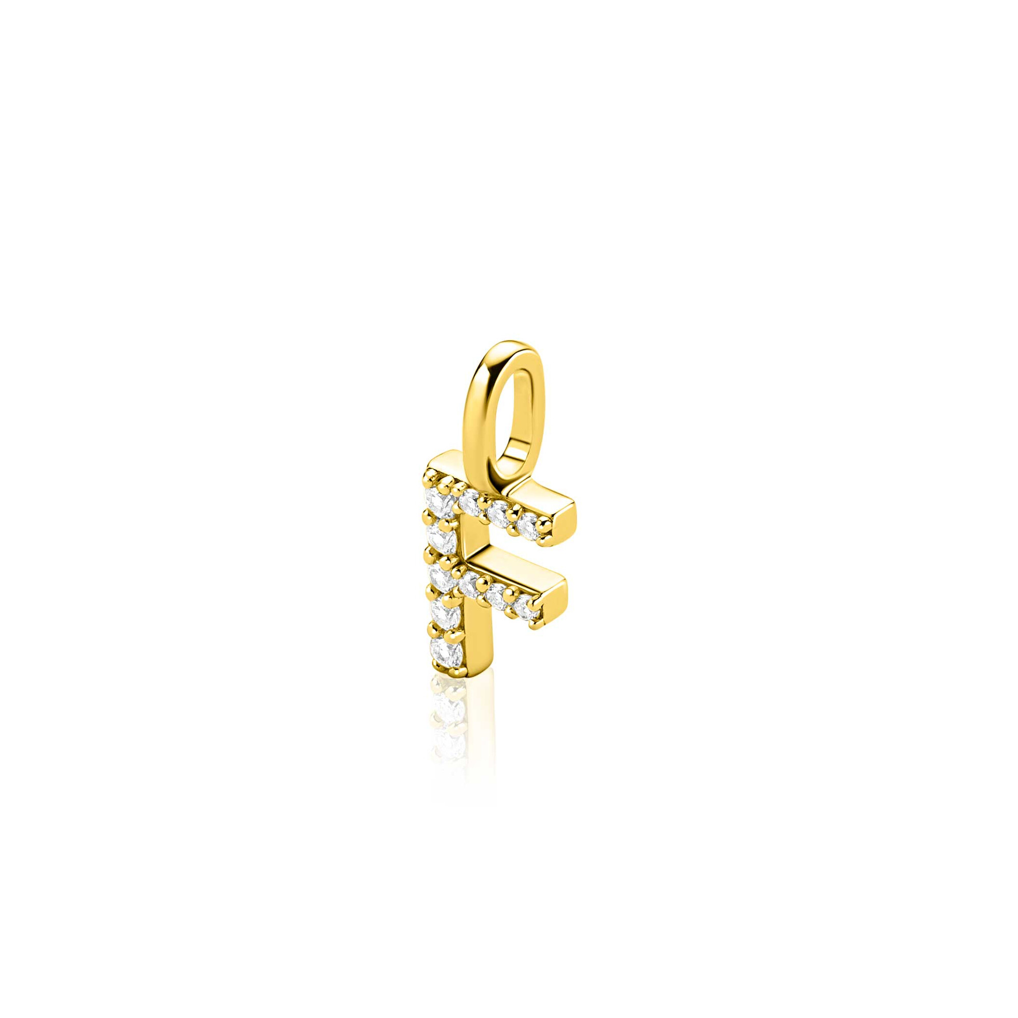 ZINZI gold plated zilveren letter hanger F bezet met witte zirkonia's ZIH2828-F (zonder ketting)