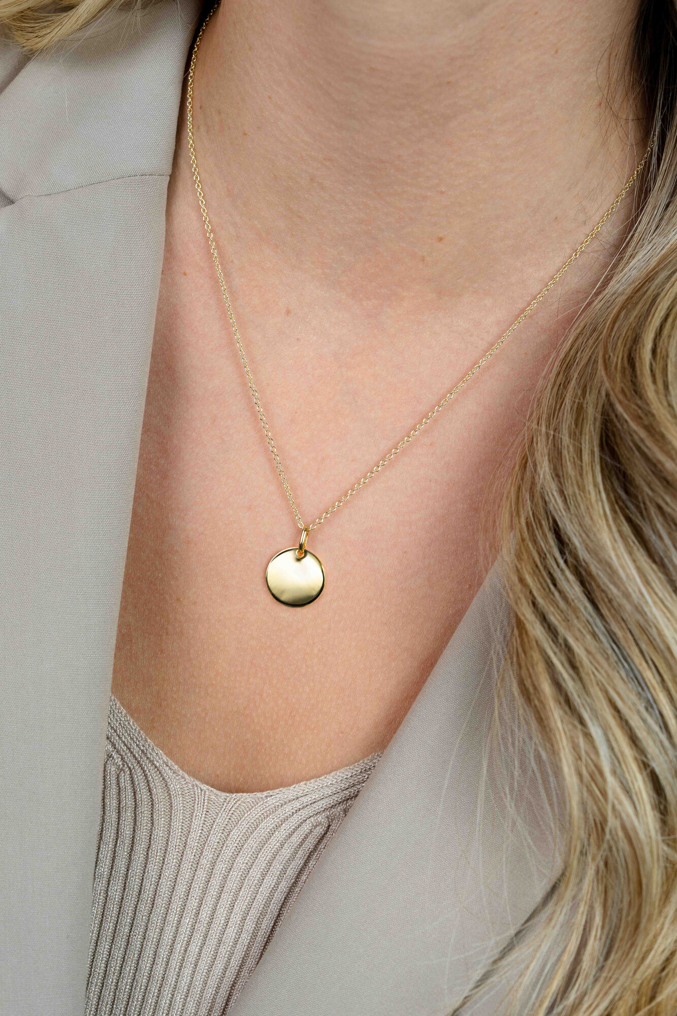 15mm ZINZI gold plated zilveren hanger glad rond plaatje voor gravure ZIH2345G15 (zonder collier)