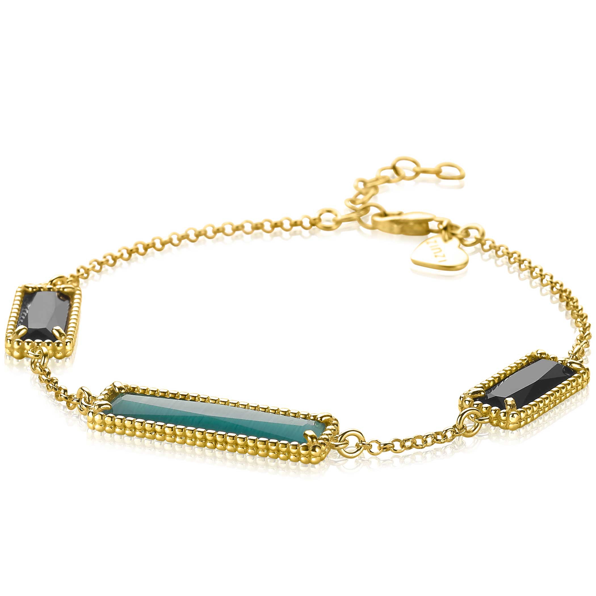 ZINZI silbernes Fantasie Armband 14K gelb vergoldet mit rechteckigen Farbsteinen grün/schwarz 18-21cm ZIA2112