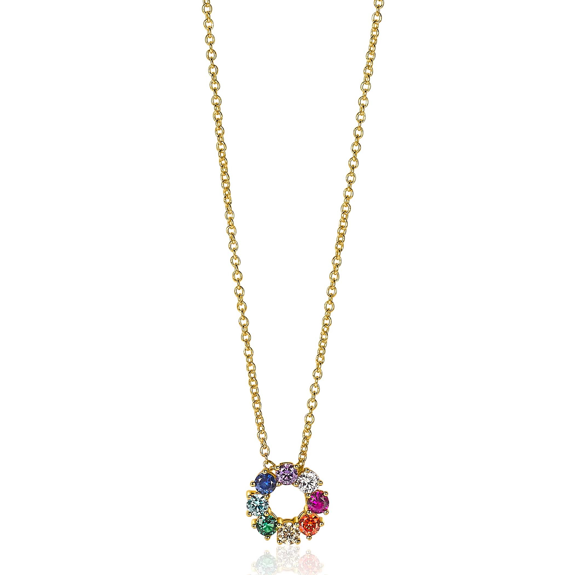 ZINZI Silberhalskette 14 Karat Gelbgold vergoldet 12 mm runder Anhänger Regenbogen ZIC2172