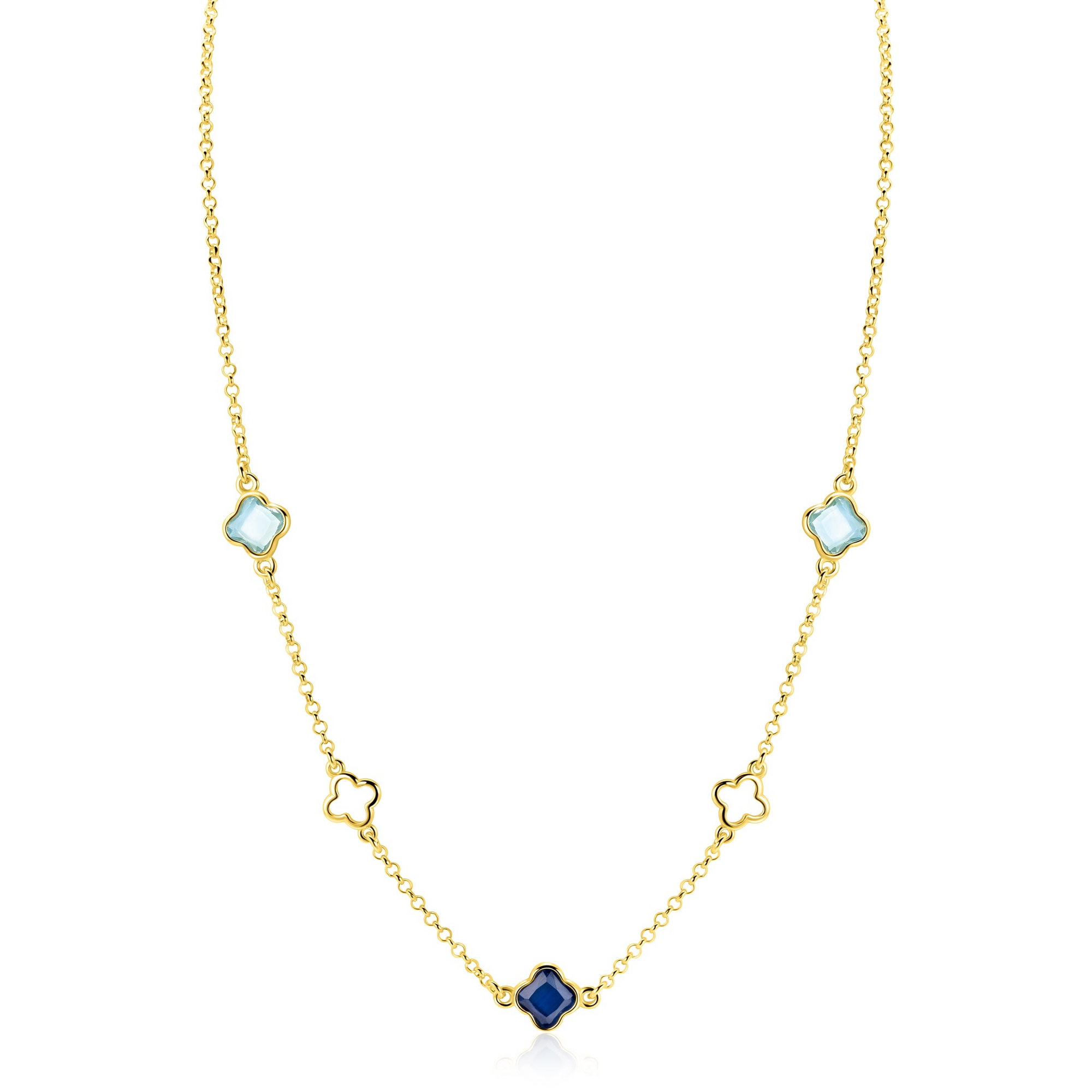 ZINZI zlv. collier gg.verg.met klavers blauw tinten