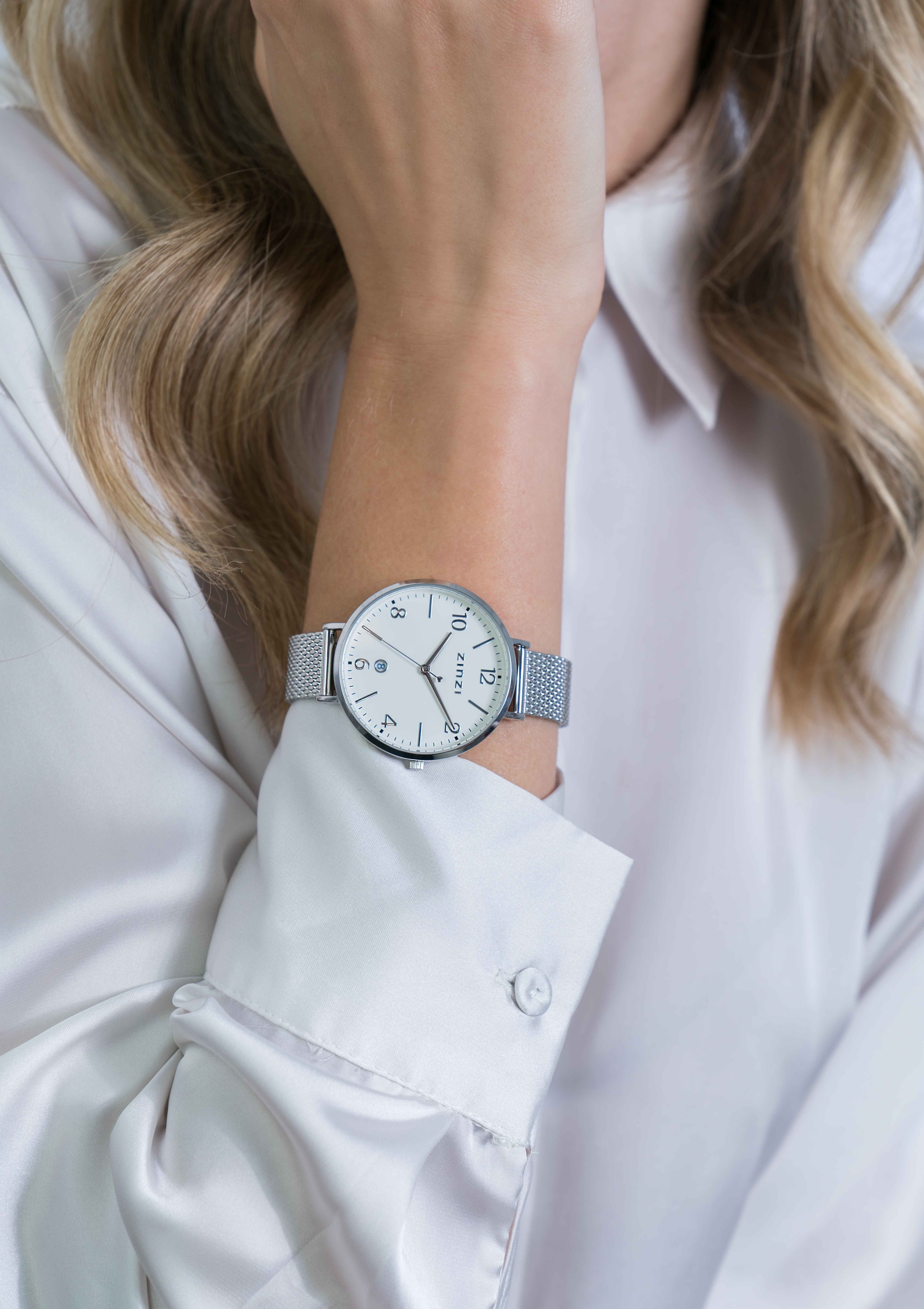 ZINZI horloge SOPHIE witte wijzerplaat met datum, stalen kast 38mm, stalen mesh band 14mm ZIW1406
