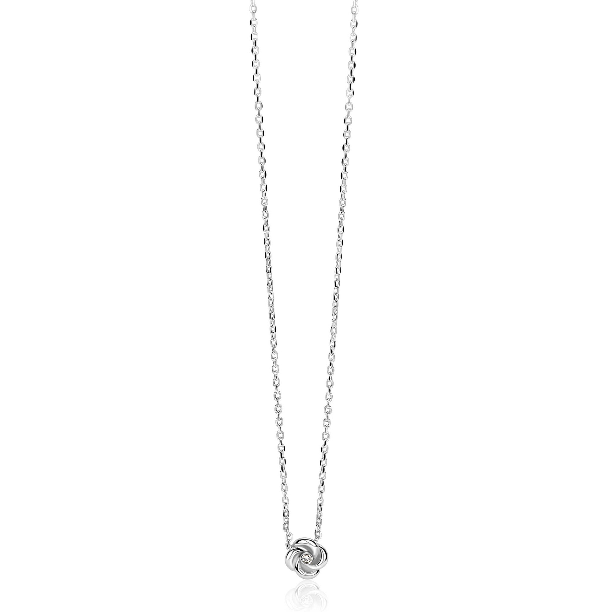ZINZI zilveren ketting met hanger in roosdesign (9mm) en bezet met een witte zirkonia in het midden 42-45cm ZIC2872