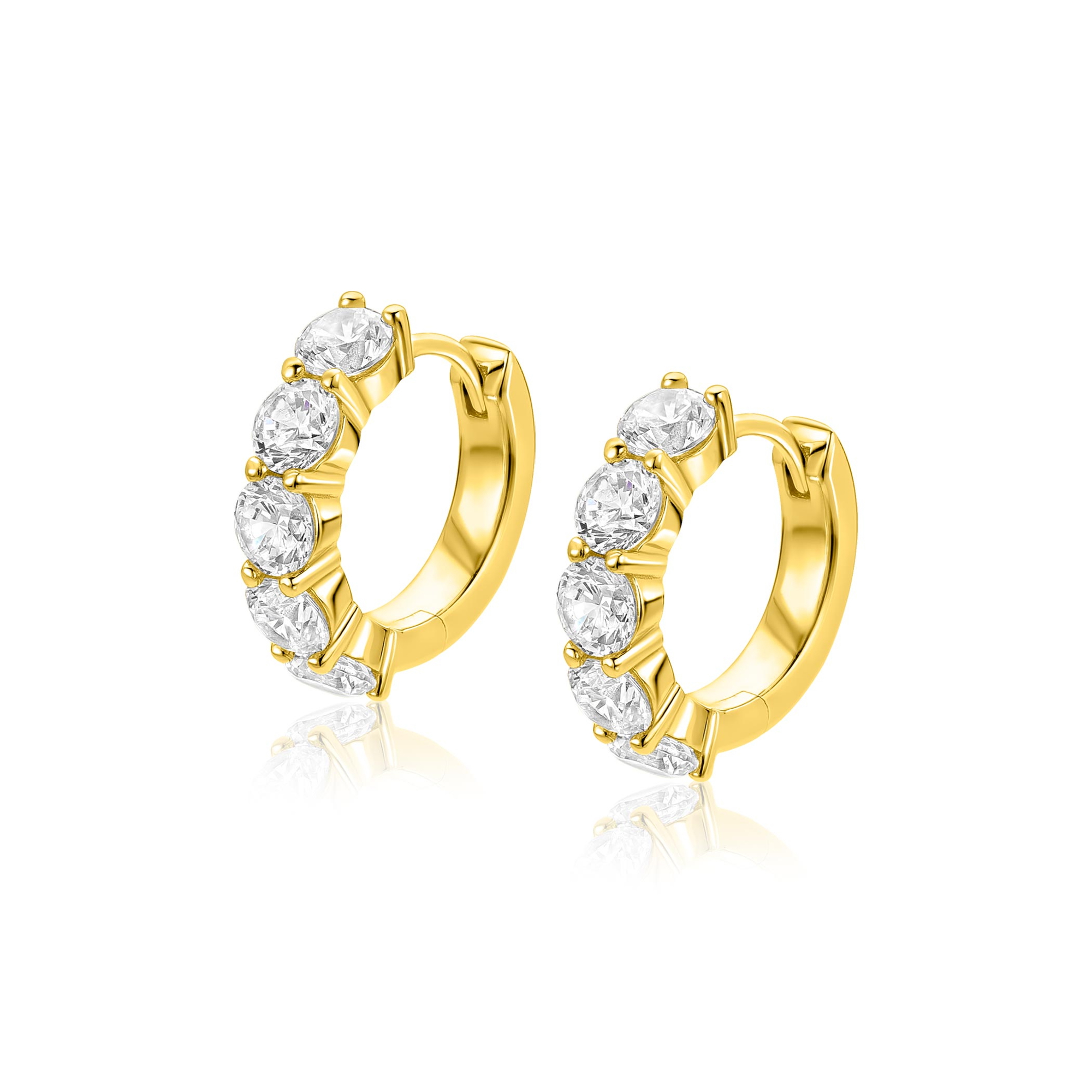 16mm ZINZI goldplated zilveren tennis oorringen bezet met vijf ronde witte zirkonia's, 4mm buisdikte en luxe klapsluiting ZIO2808