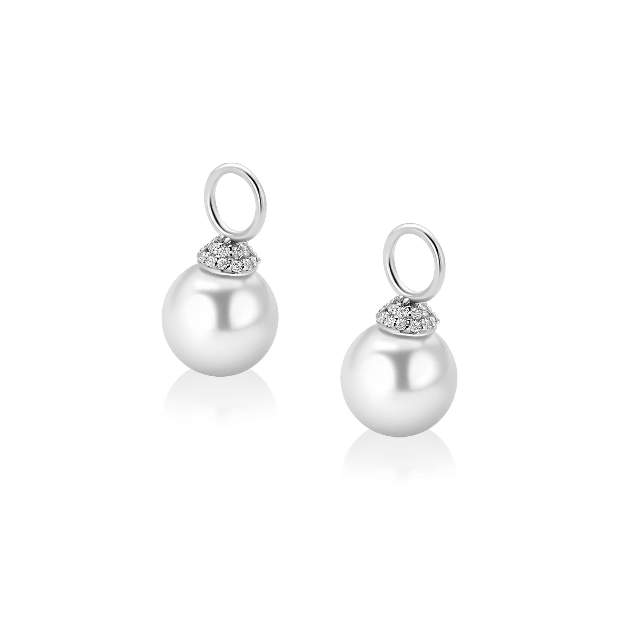 8mm ZINZI zilveren oorbedels met ronde witte parel en pavé gezette top met witte zirkonia’s ZICH2823 (zonder oorringen)
