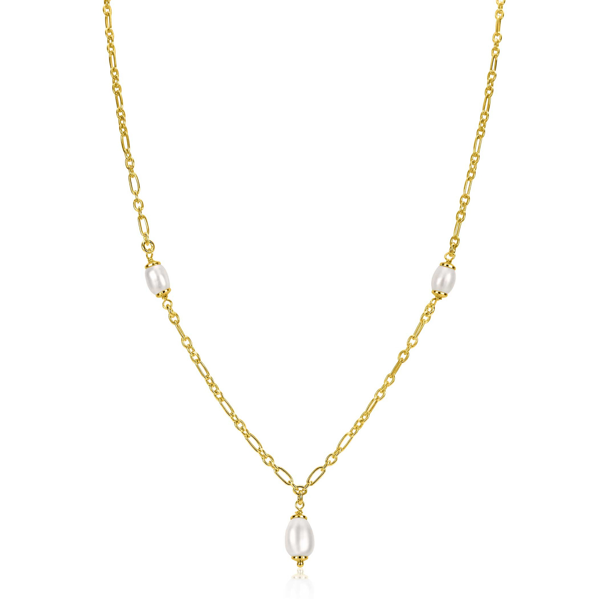 ZINZI gold plated silver chain necklace with three oval white freshwater pearls 40-45cm ZIC2588
