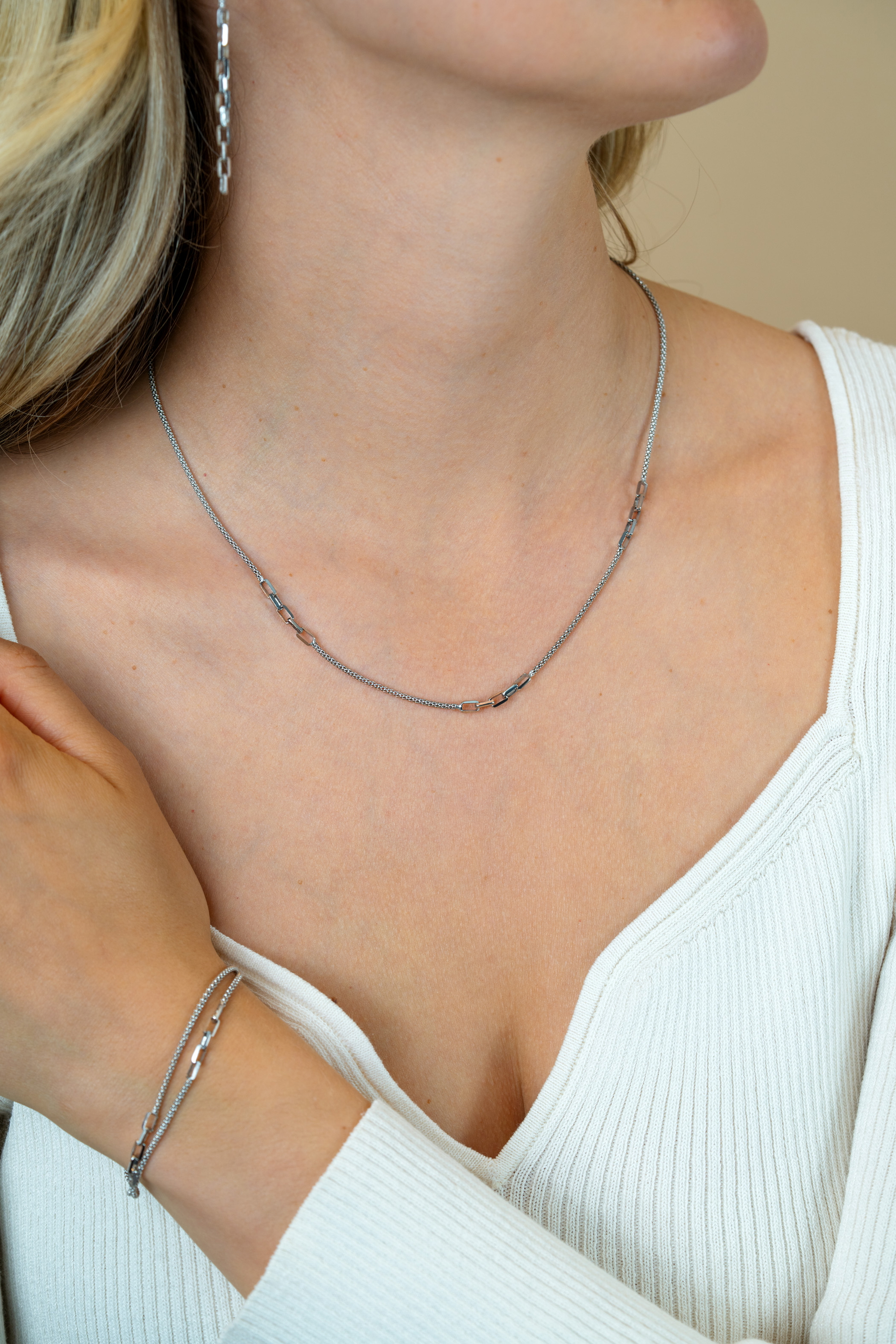 ZINZI zlv. collier popcorn en schakels 45-48cm