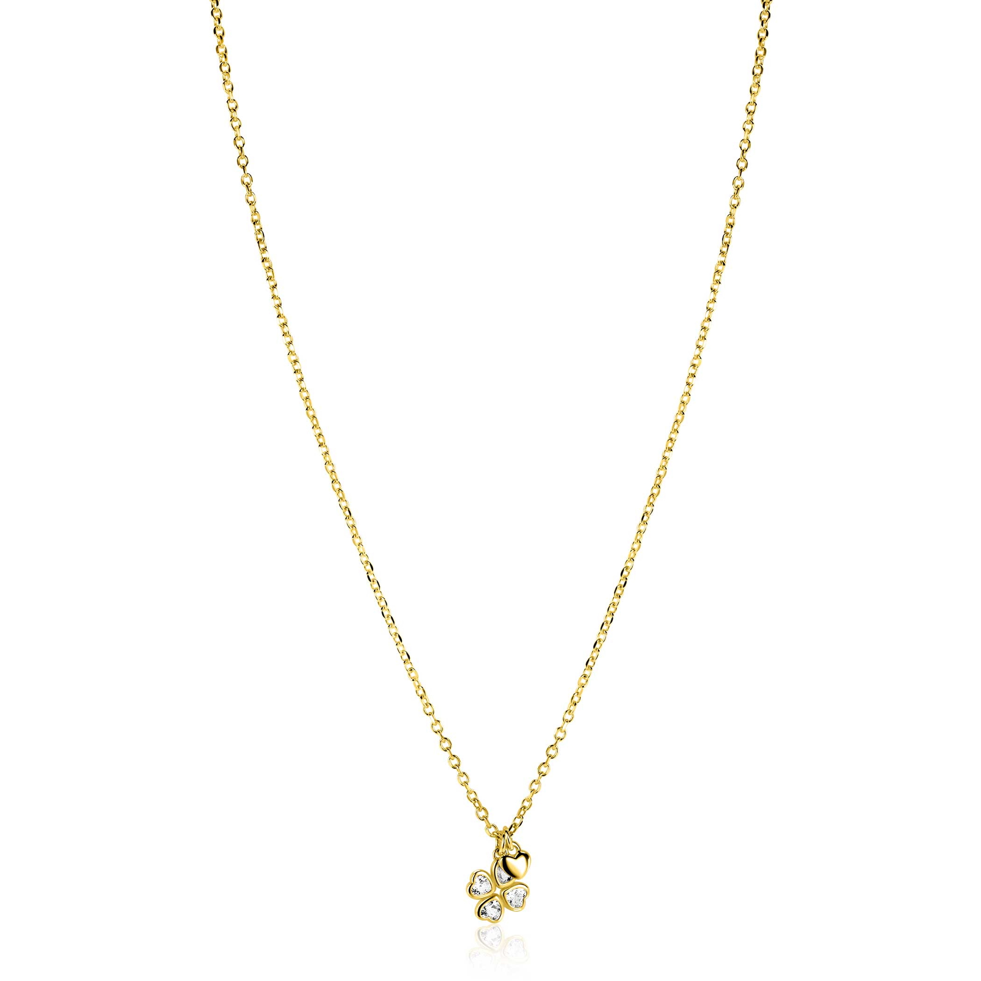 ZINZI zlv. collier gg.verg. met klaver zirc. en hartje