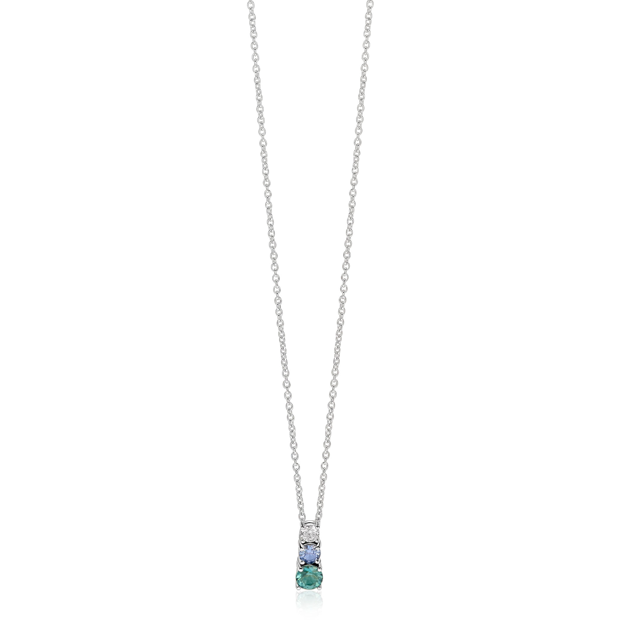 ZINZI zilveren ketting met strakke hanger bezet met witte, blauwe en petrol blauwe zirkonia's 42-45cm ZIC-BF143
