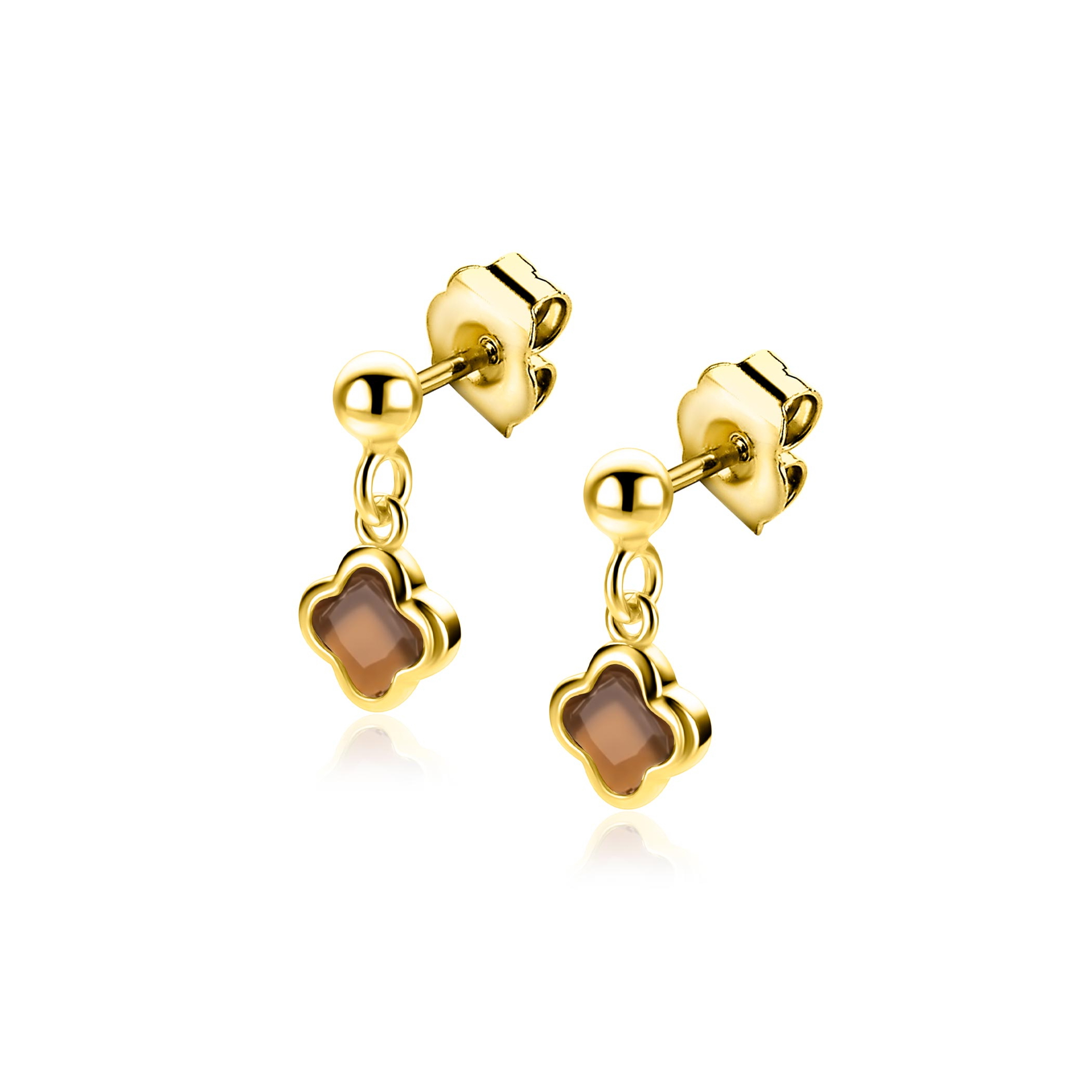 16mm ZINZI goldplated zilveren oorstekers met bruine klavers 8mm ZIO2772