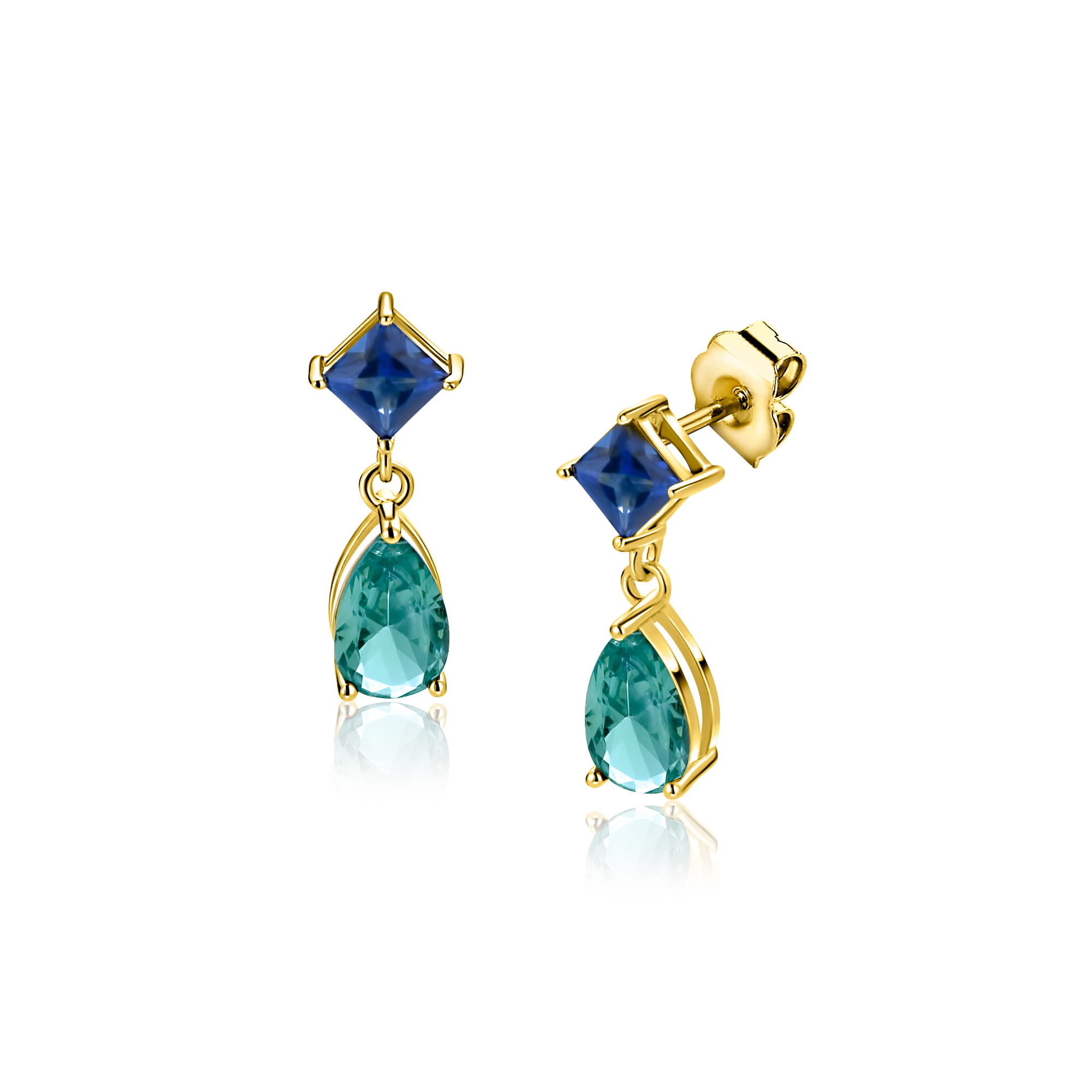 17,5mm ZINZI gold plated zilveren oorstekers turquoise peer en blauwe ruitvorm ZIO2745