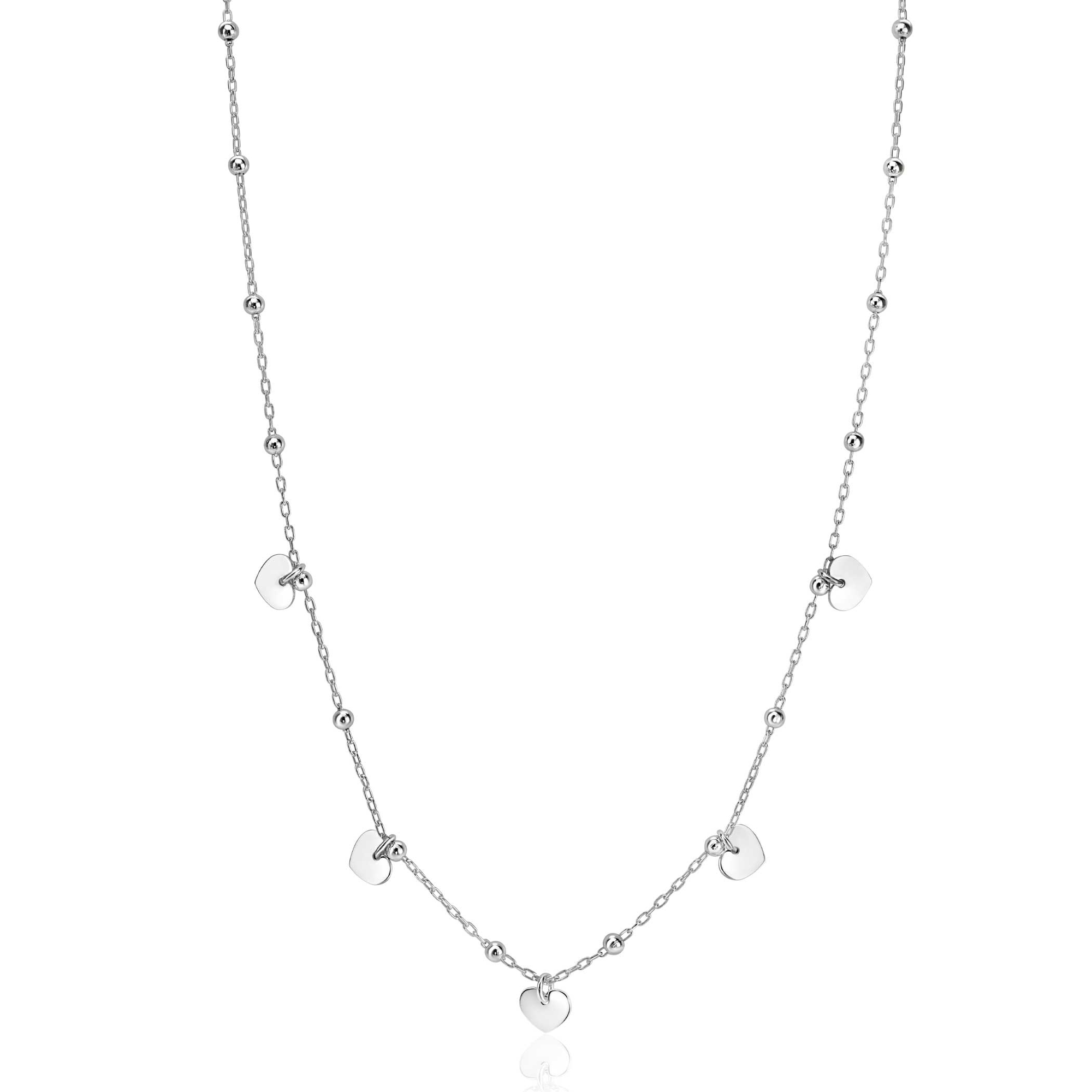 ZINZI Sterling Silver Chain Necklace with Beads and 5 Shiny Heart Charms 42-45cm ZIC2531
