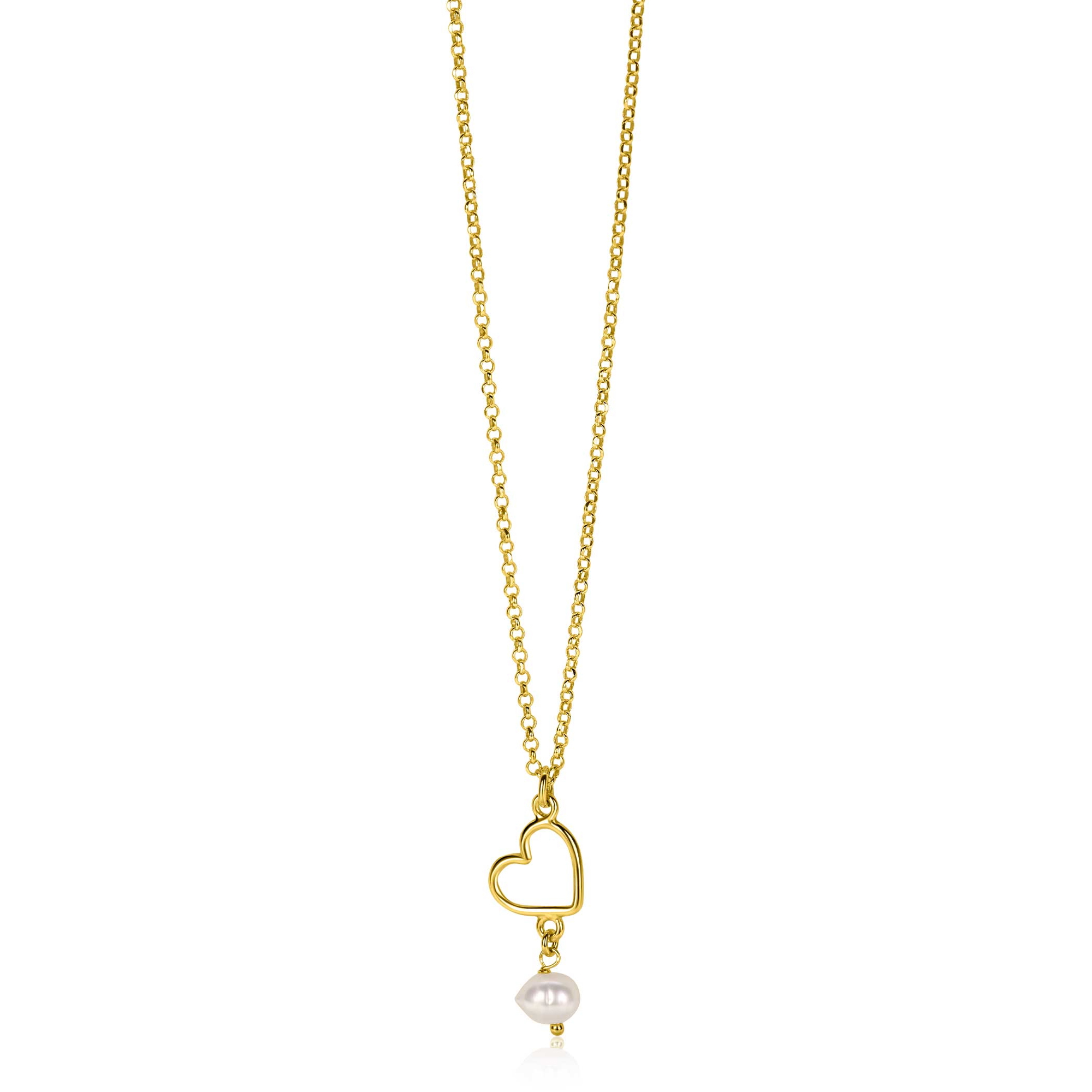 ZINZI gold plated silver necklace with open heart and dangling white freshwater pearl 40-45cm ZIC2642