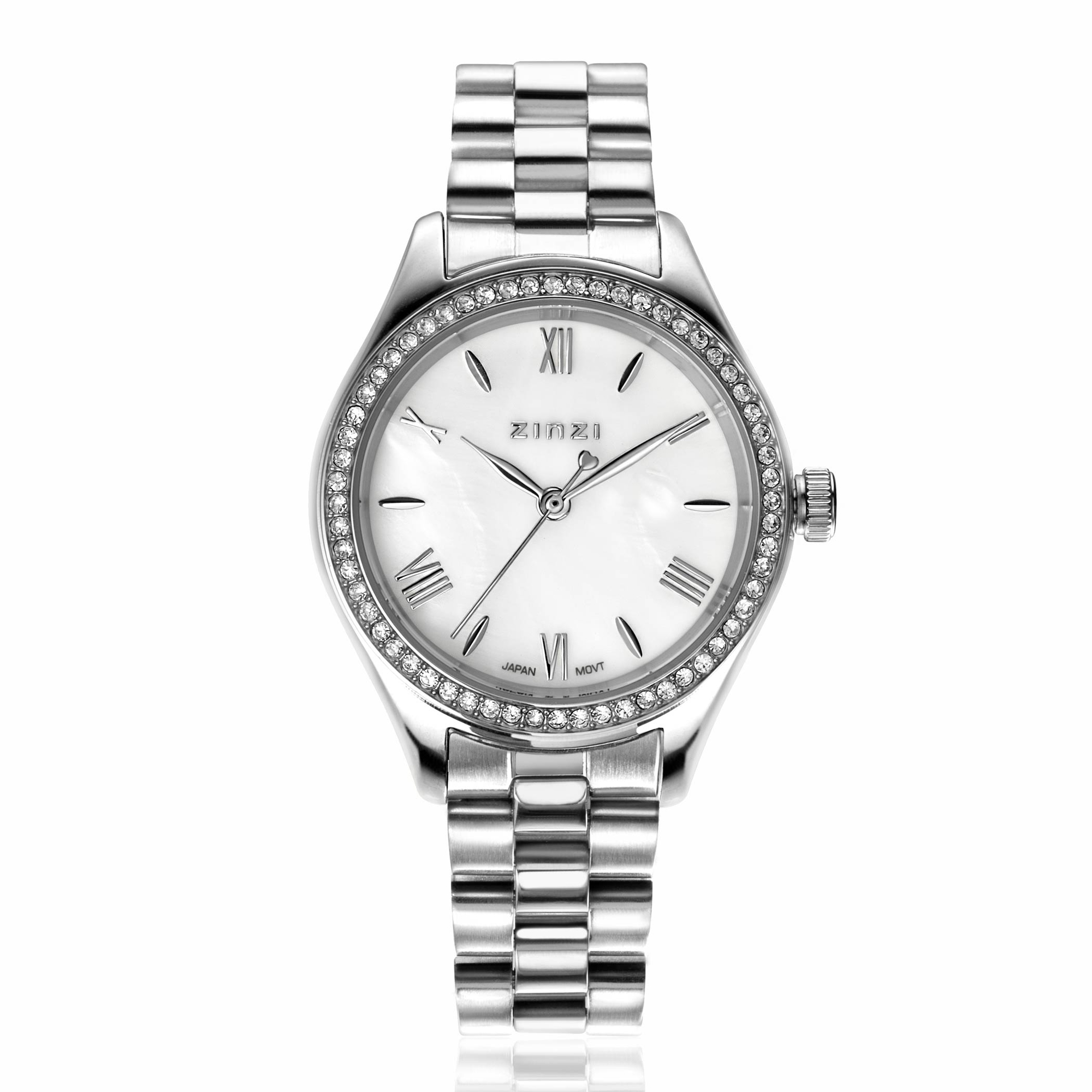 ZINZI Tresor Uhr 32mm, besetzt mit weißen Zirkoniasteinen, Perlmuttzifferblatt und silberfarbenem Edelstahlgehäuse und Gliederarmband ZIW2417