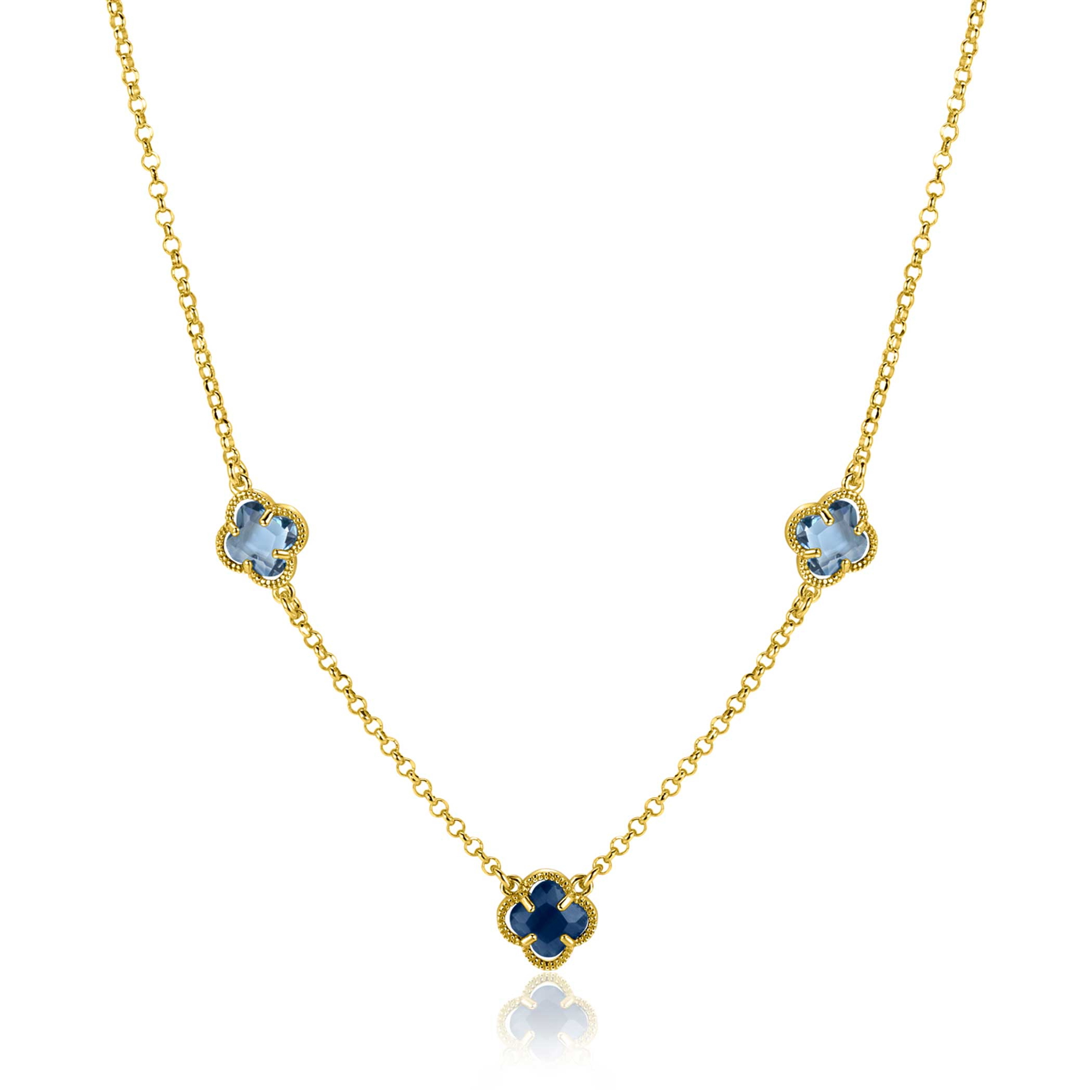 ZINZI gold plated silver link necklace with two light blue clovers and one dark blue clover 42-45cm ZIC2662B