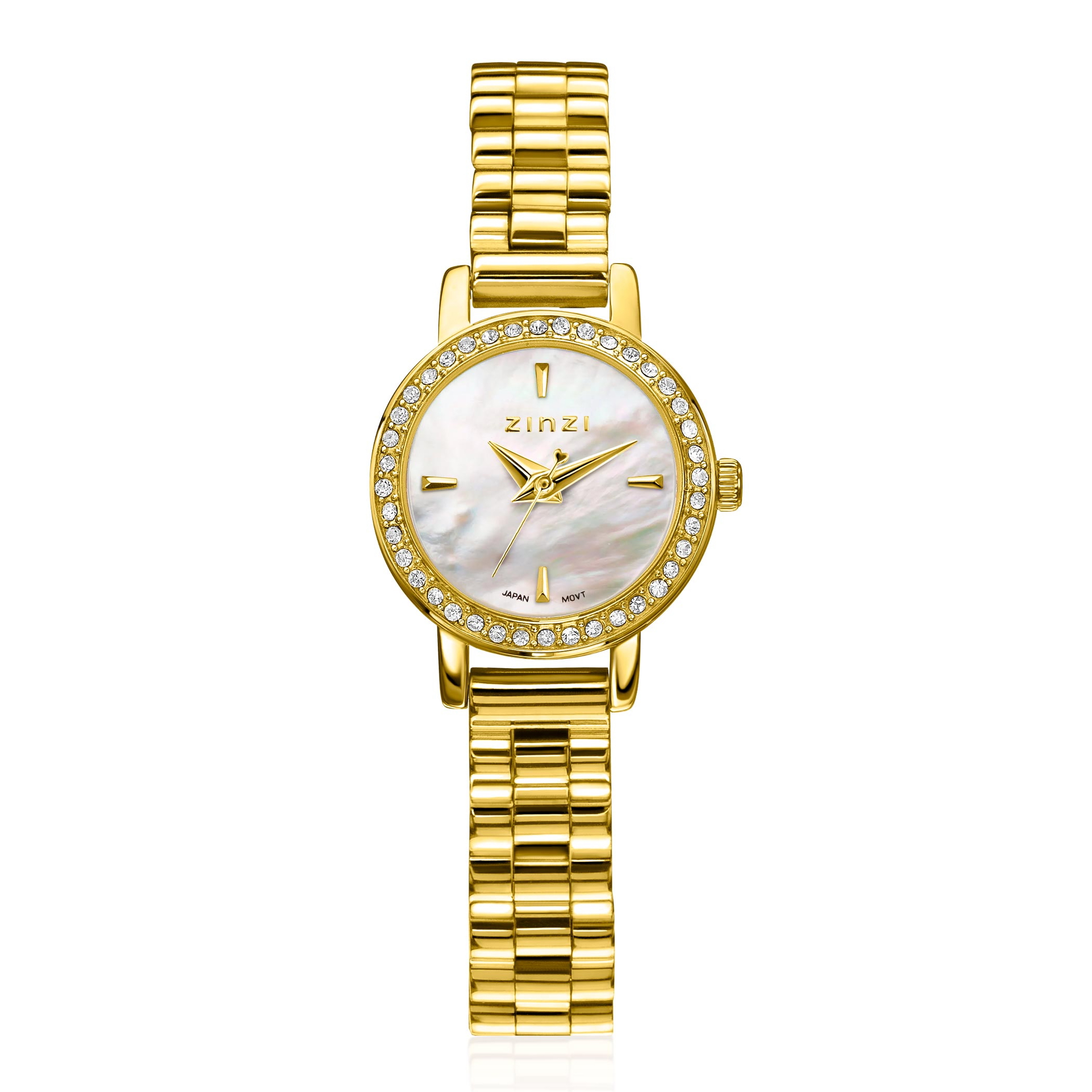 ZINZI Etoile Uhr 20mm weißes Perlmutt-Zifferblatt Gelbgoldfarbige Stahlgehäuse rundum besetzt mit weißen Kristallen und Gelbgoldfarbige Armband ZIW3234