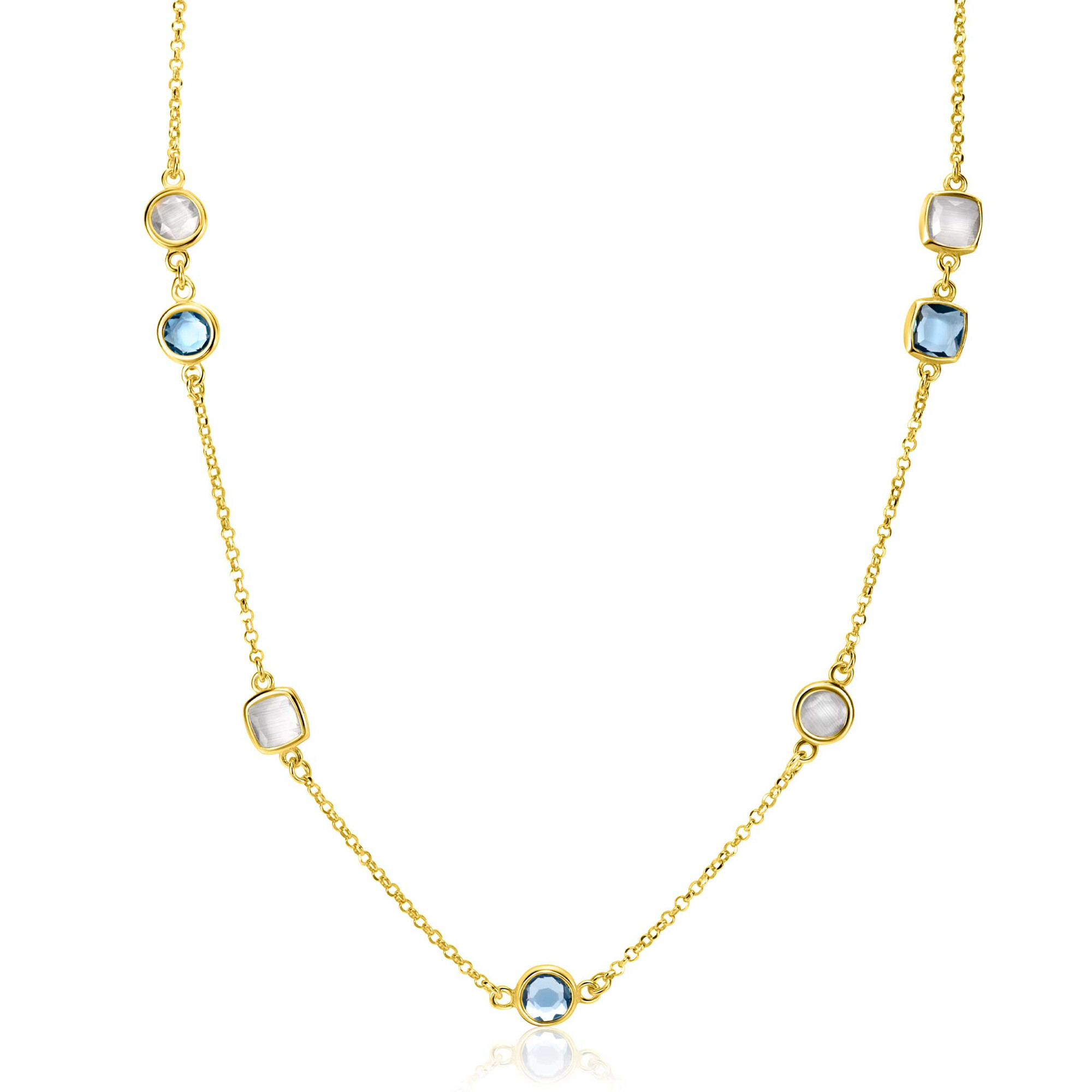 ZINZI Gold Plated Sterling Silver Multi-look Bracelet Curb and Green Bead Chain with Round Setting with Olive Green Color Stone 16,5-19,5cm ZIA2528G