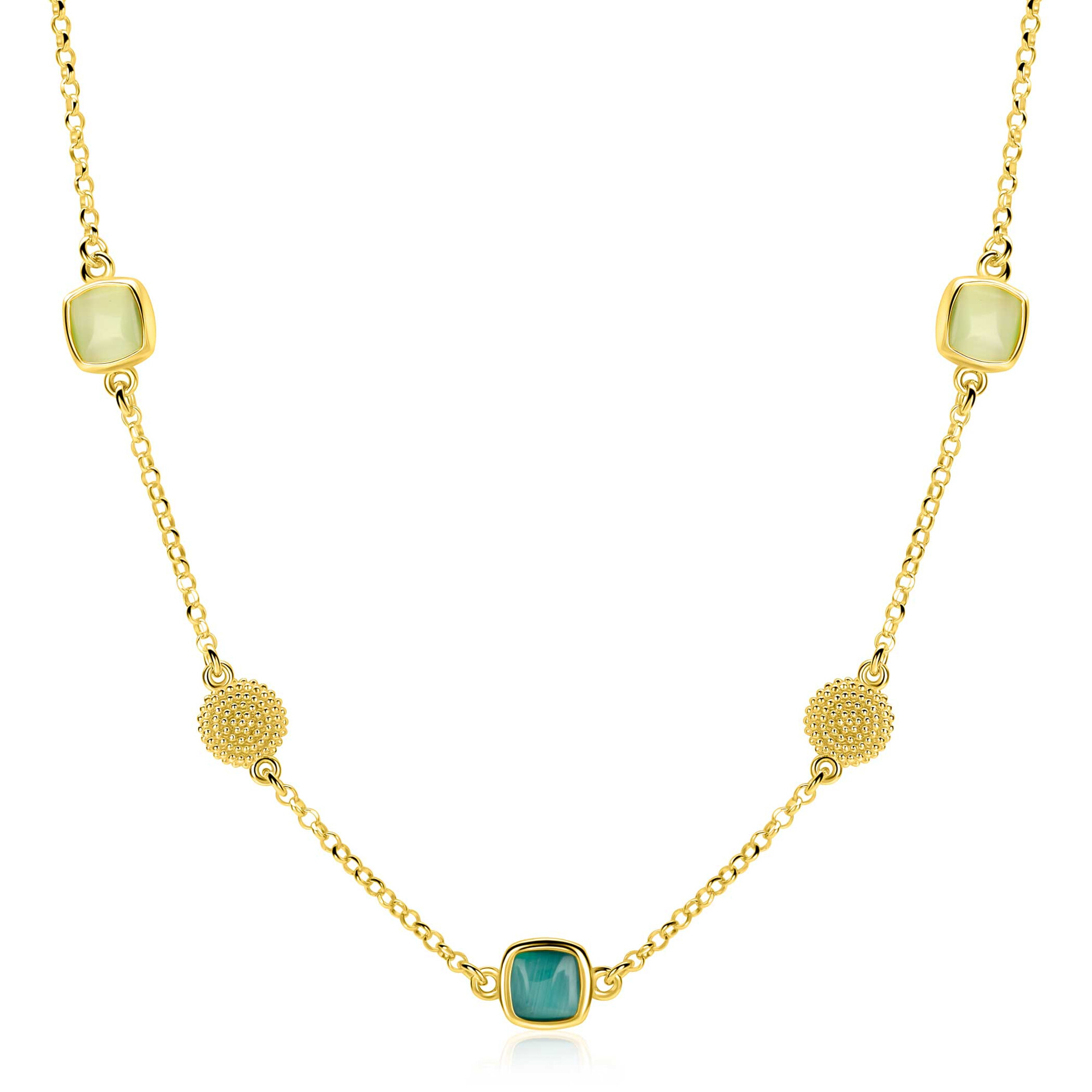 ZINZI gold plated zilveren ketting 45cm met drie vierkante kleurstenen in zachte groentinten, afgewisseld met ronde structuurelementen ZIC2904