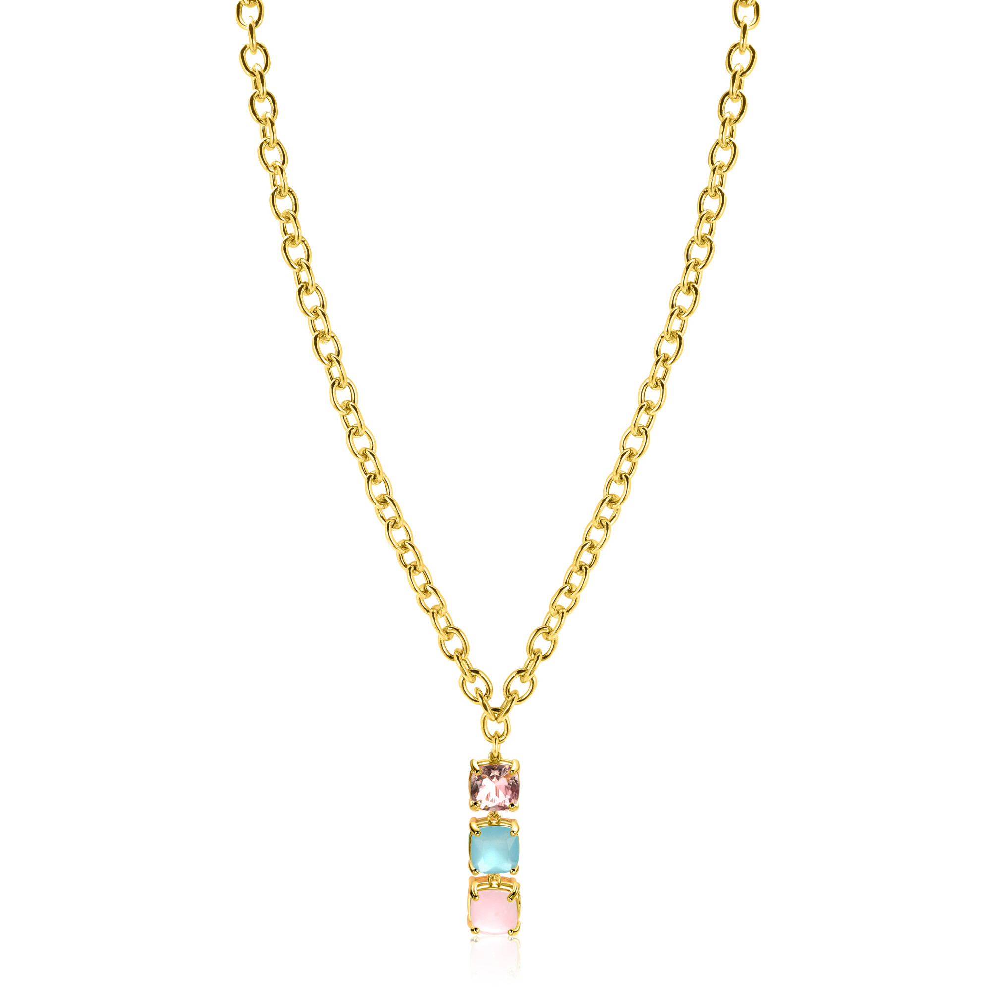 ZINZI gold plated zilveren schakel ketting 43-45cm met luxe hanger (30mm) van drie vierkante zettingen bezet met roze en turquoise kleurstenen ZIC2454