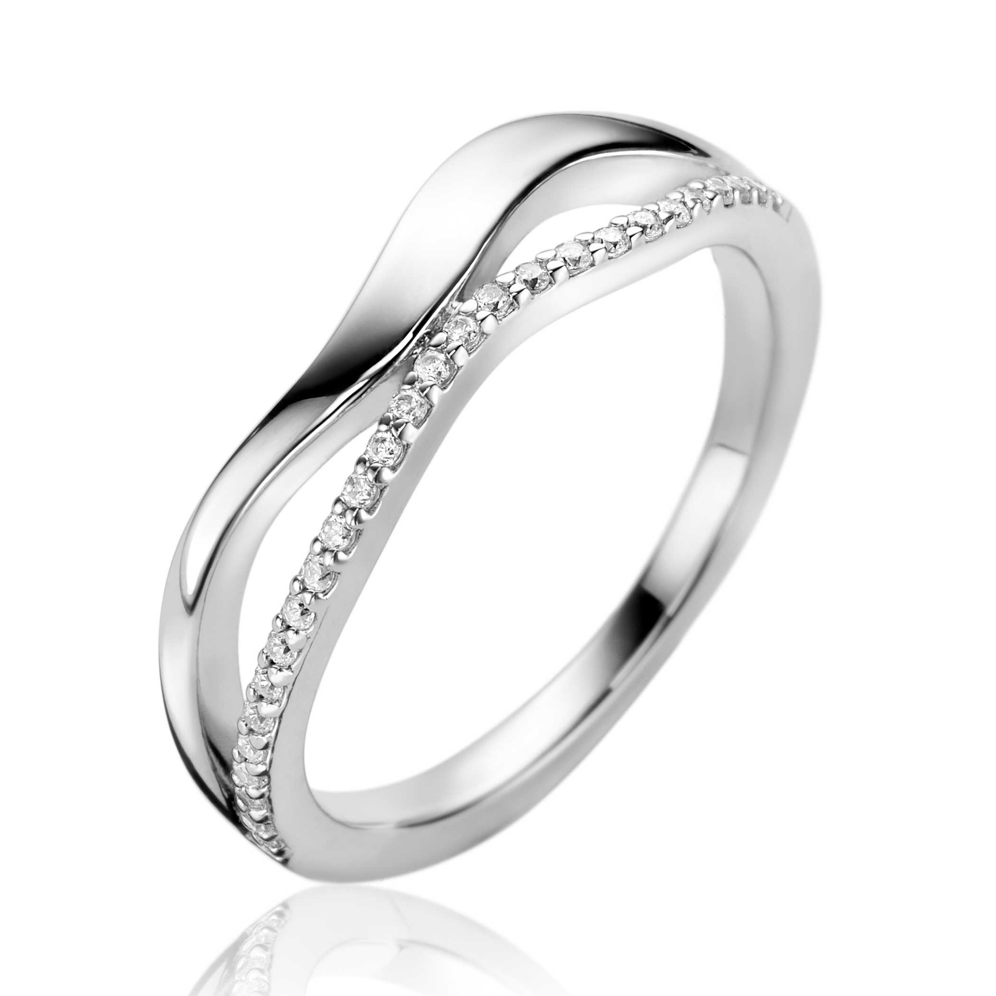 ZINZI zilveren multilook ring (6mm breed) organisch gevormd met twee golvende banen, waarvan één bezet met witte zirconia's ZIR2629