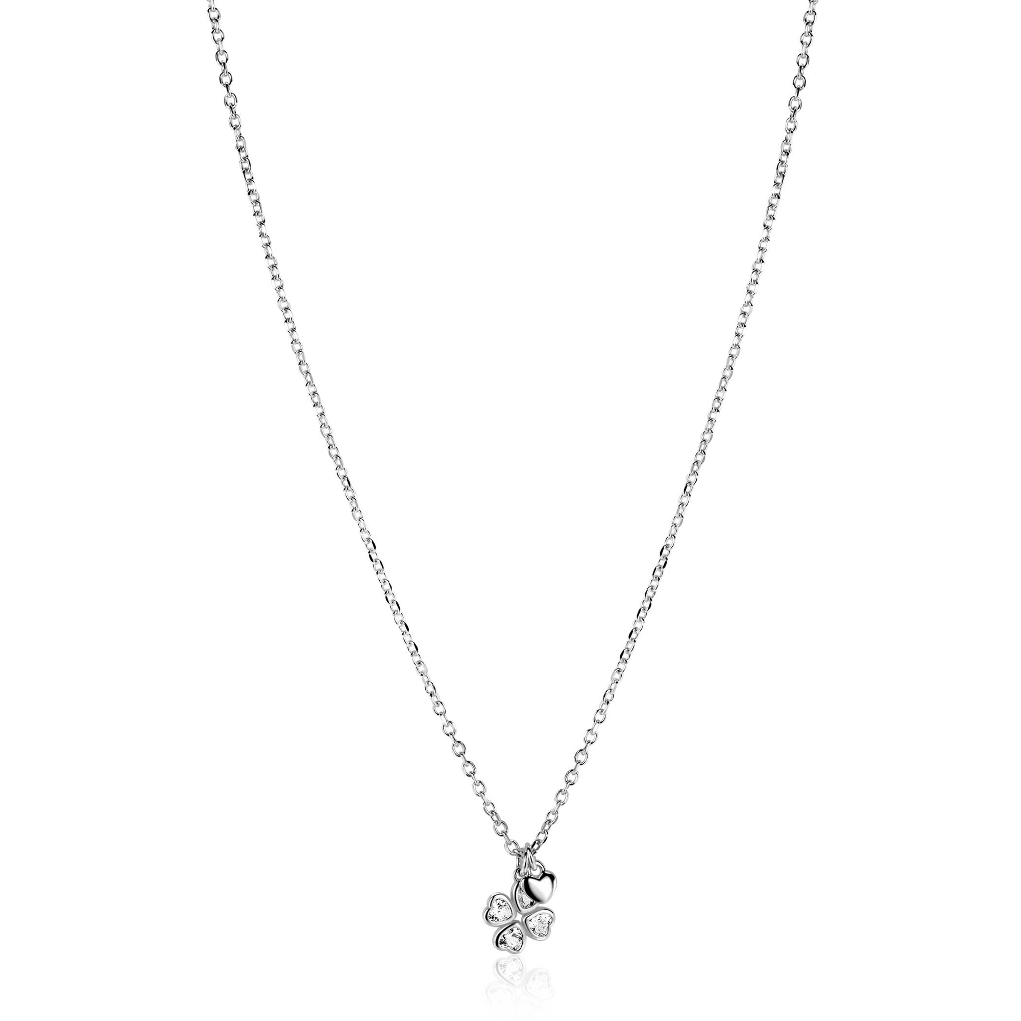 ZINZI zlv. collier met klaver zirc. en hartje