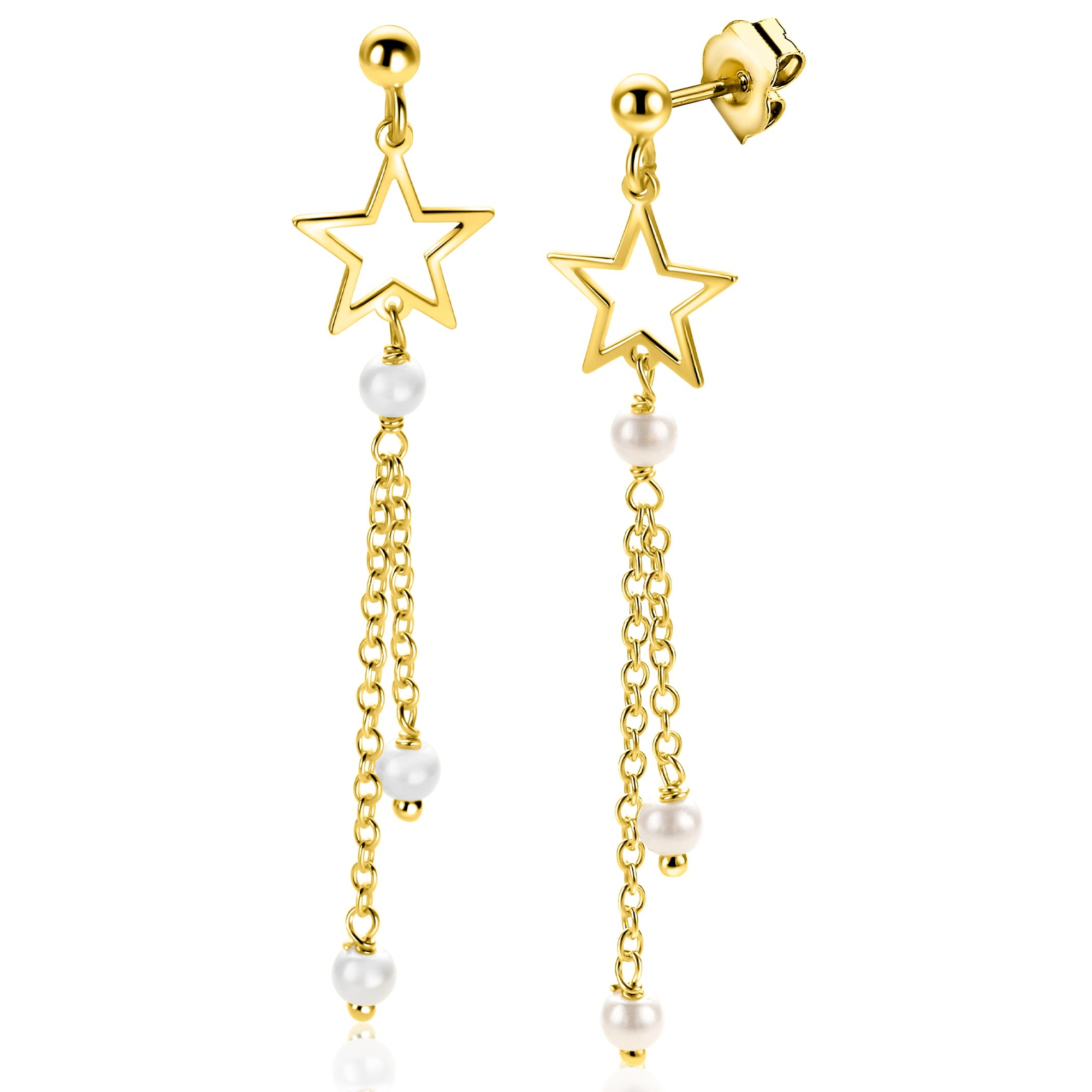 53mm ZINZI goldplated zilveren oorstekers met opengewerkte ster, hangende kettinkjes en witte parels ZIO2780