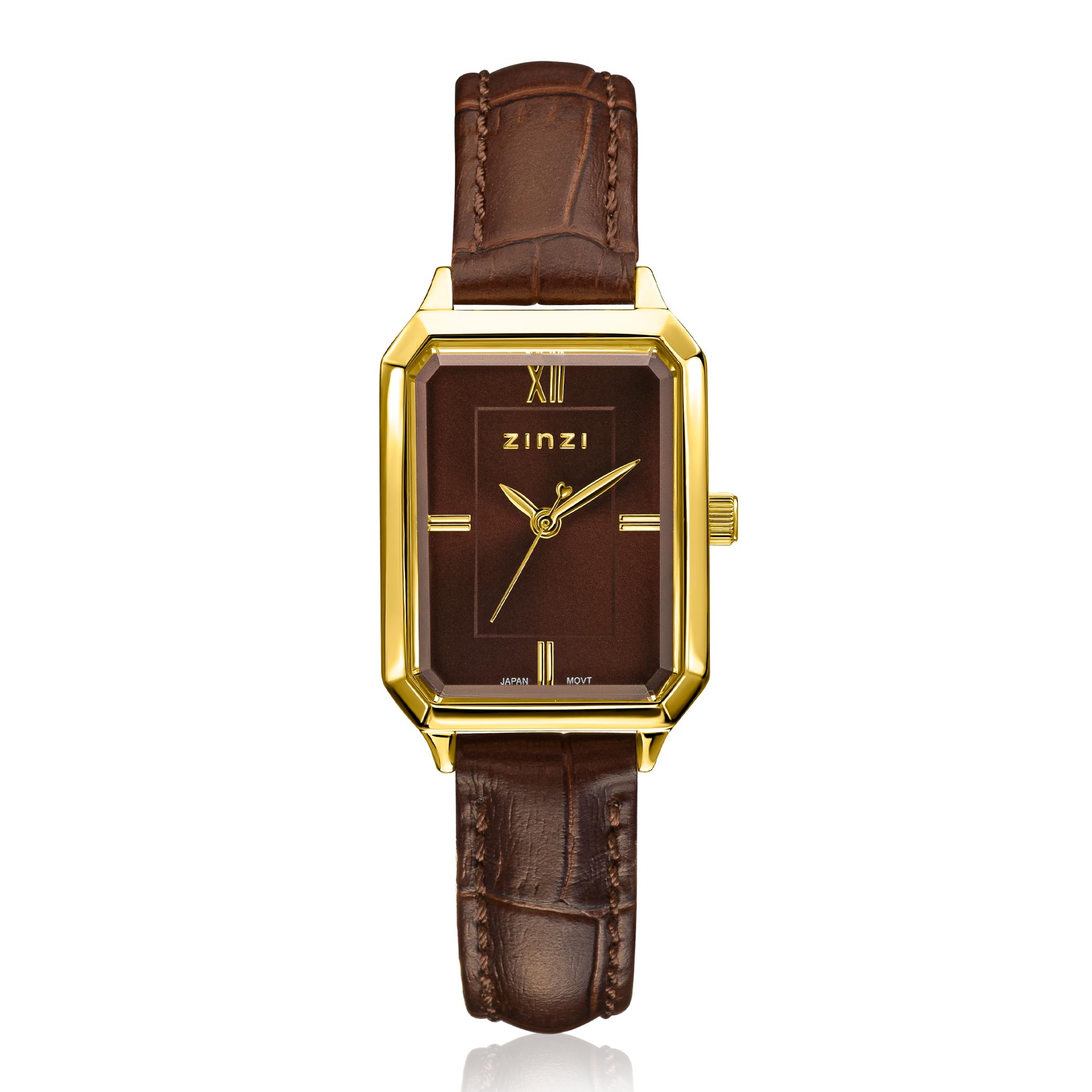 ZINZI Allure horloge 30mm achthoekige kast, bruine wijzerplaat, geelgoudkleurige kast en leren band, Japans uurwerk ZIW2536B
