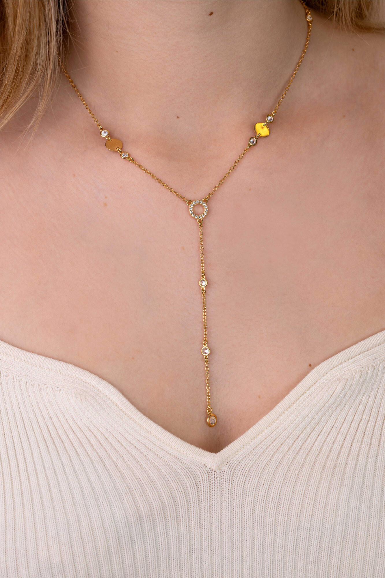 ZINZI gold plated zilveren Y-collier 45cm met glimmende ronde elementen en bezet met fonkelende witte zirkonia's ZIC2909