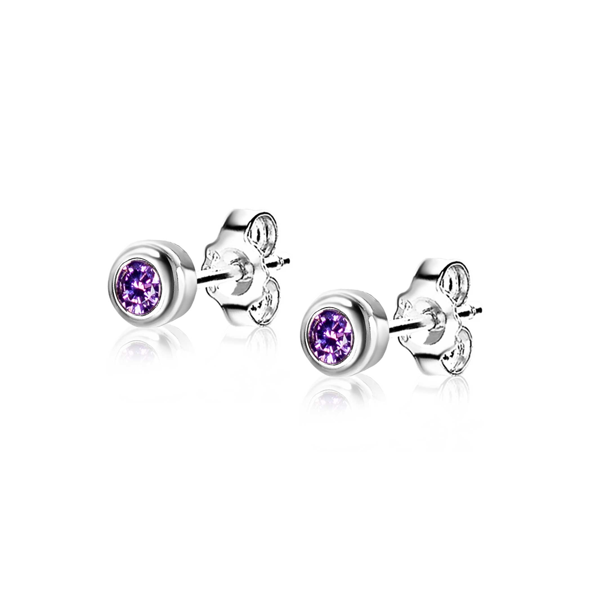 FEBRUARI oorknoppen 4mm zilver met geboortesteen paars amethist zirconia
