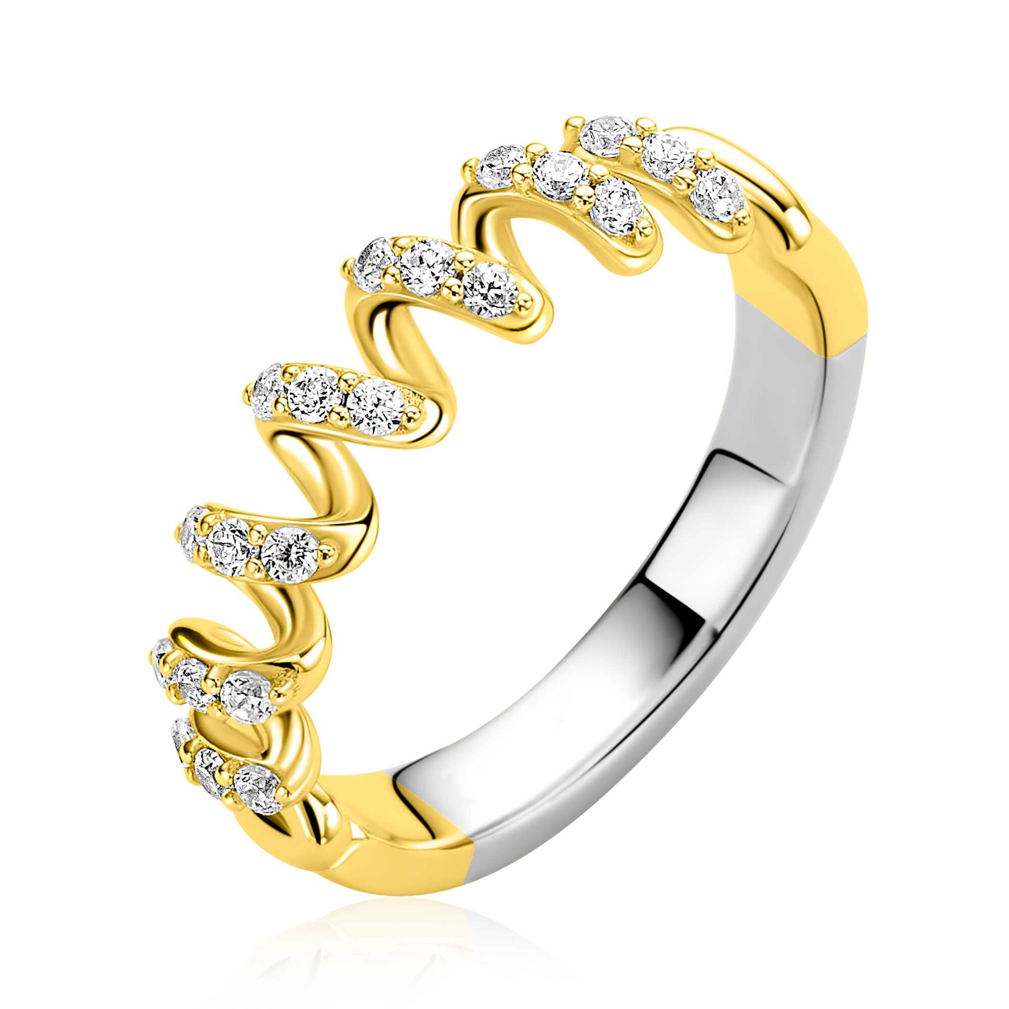 ZINZI gold plated zilveren ring met een sierlijk golvend design, bezet met witte zirkonia’s in verfijnde zetting ZIR2877Y