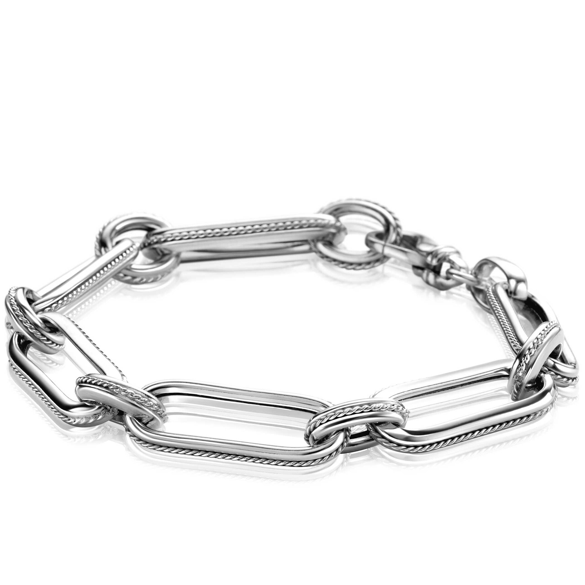 ZINZI zilveren brede schakelarmband met ovale en ronde schakels met gedraaide bewerking rondom 10mm breed en 19cm ZIA-BF82