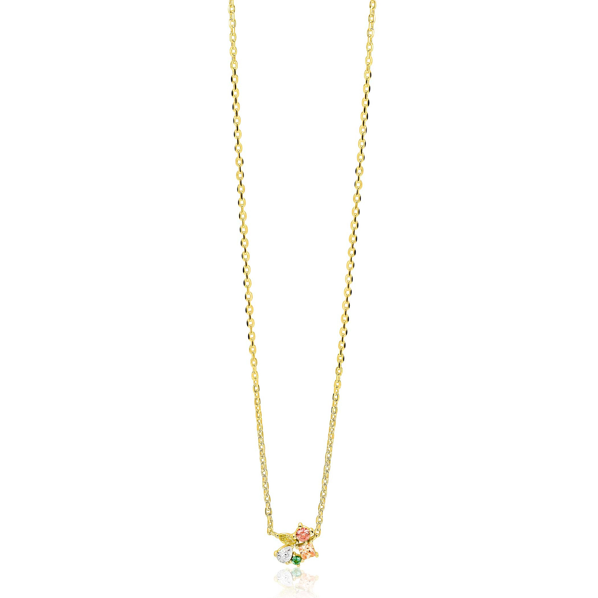 ZINZI gold plated zilveren ketting met speelse hanger (8mm) bezet met een mooie combinatie van bruine, groene en witte kleurstenen in verschillende slijpvormen 42-45cm ZIC2867