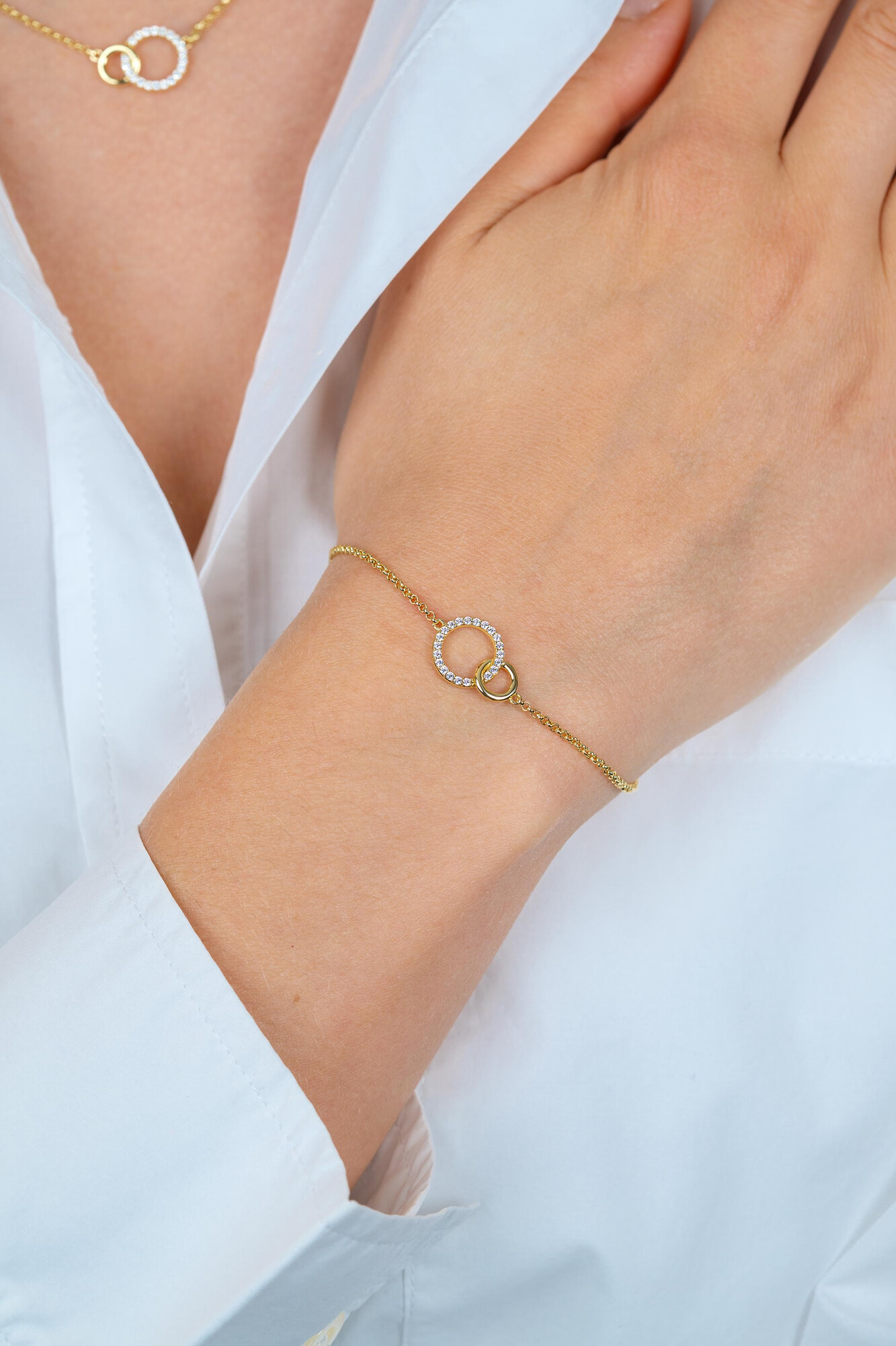 ZINZI Sterling Silver Gold Plated Bracelet with two 2 Connected Open Circles White ZIA1782Y
