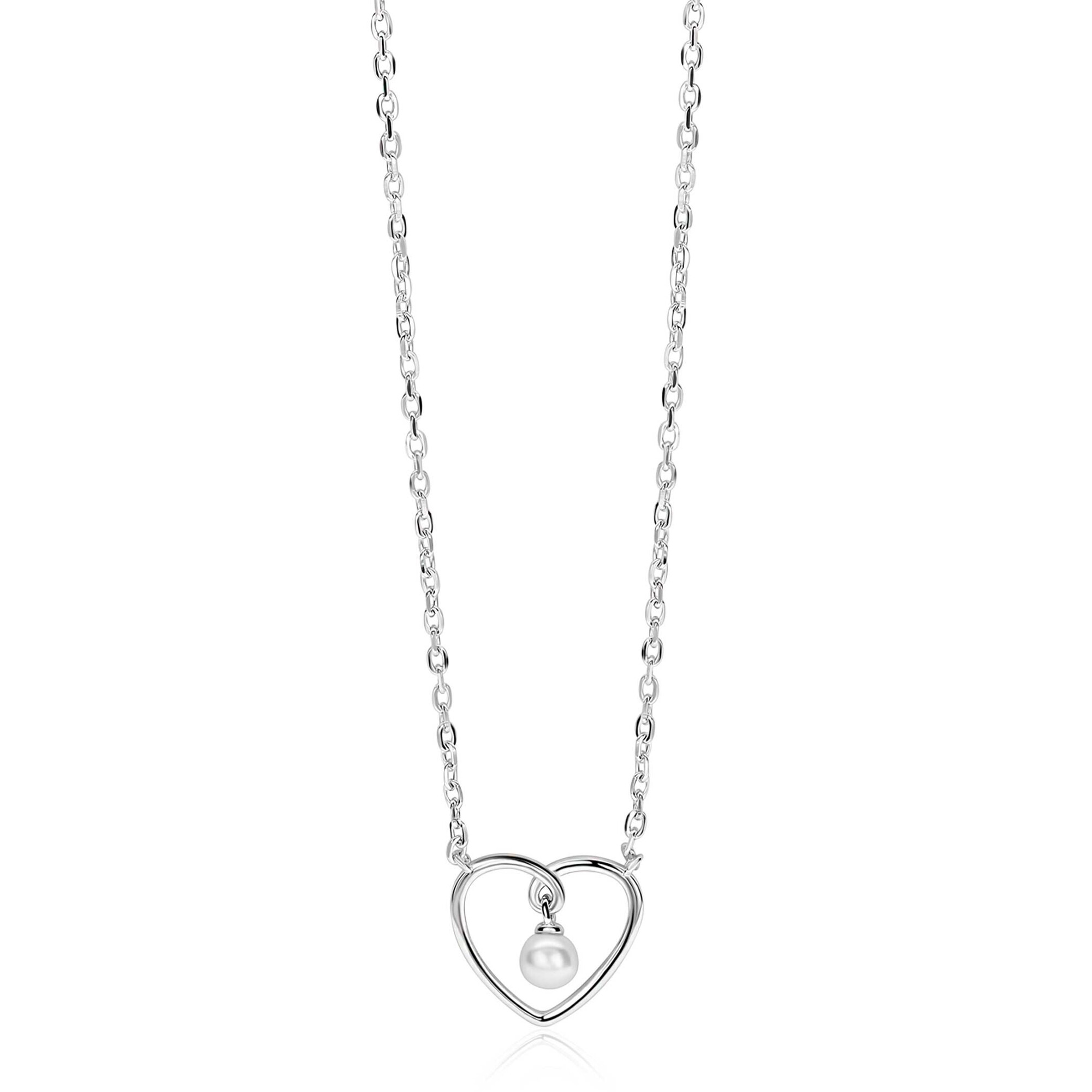 ZINZI zilveren ketting met opengewerkt hart (12mm) en bungelend witte parelhanger 42-45cm ZIC2865