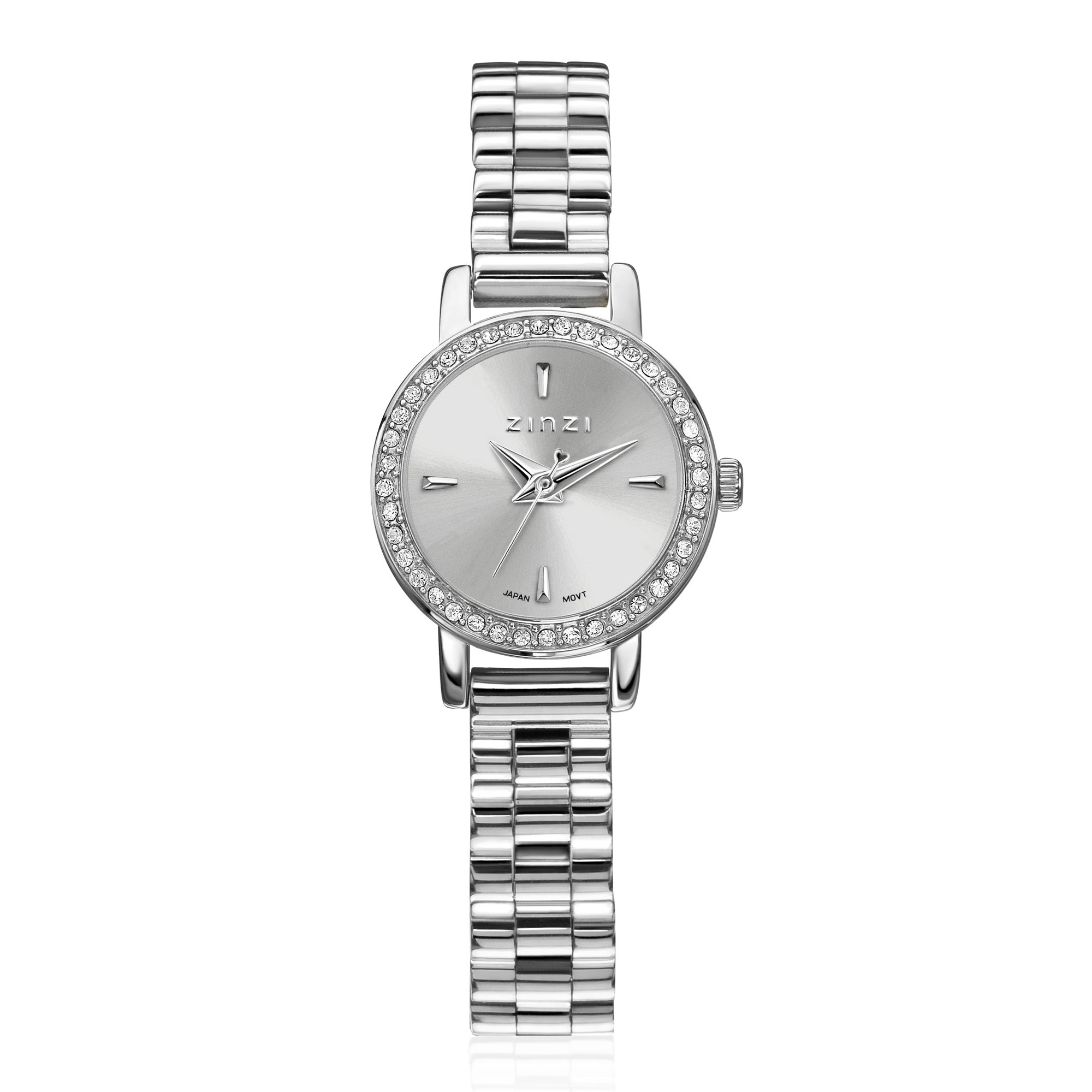 ZINZI Etoile horloge 20mm zilverkleurige sunray wijzerplaat zilverkleurige stalen kast rondom bezet met witte crystals en schakelband ZIW3202