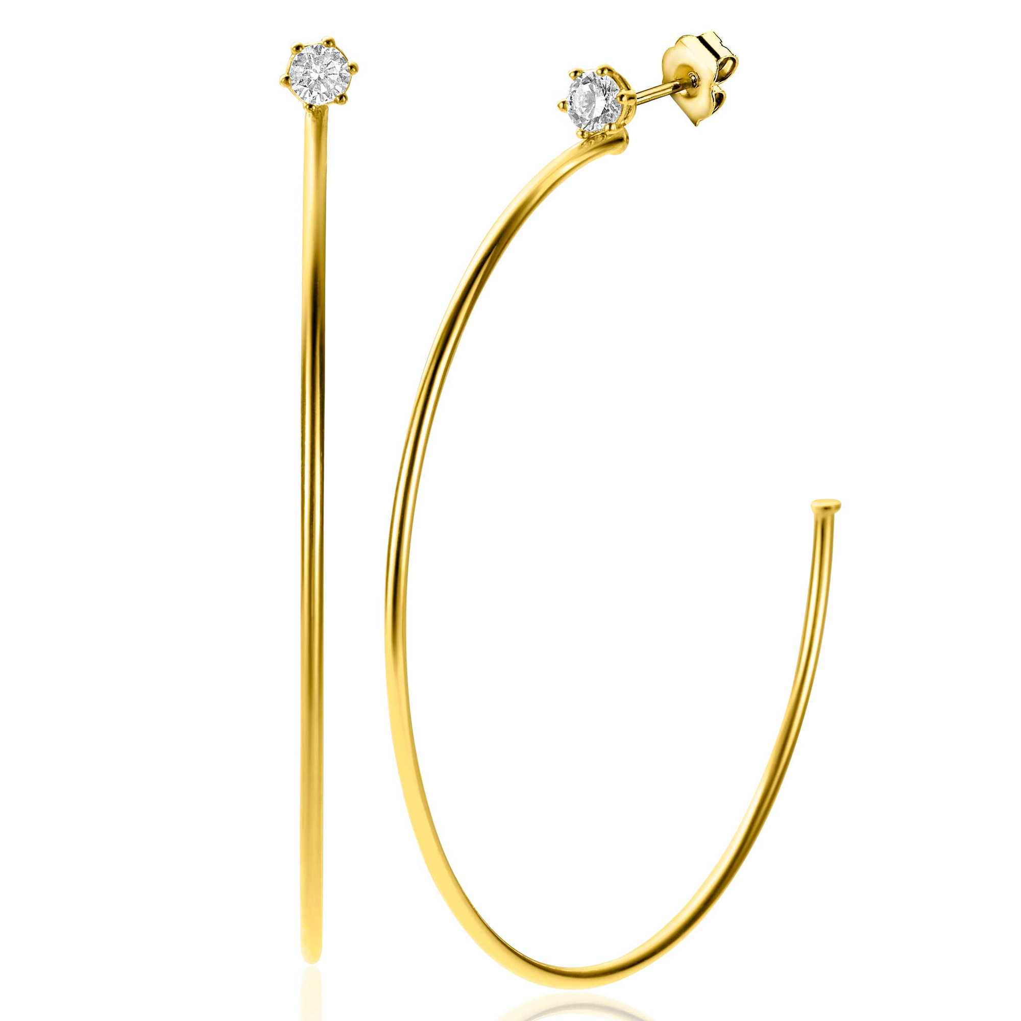 55mm ZINZI gold plated silver stud earrings with 5mm white zirconia and half hoop design, 55mm in size with 1.5mm tube thickness ZIO2574Y
