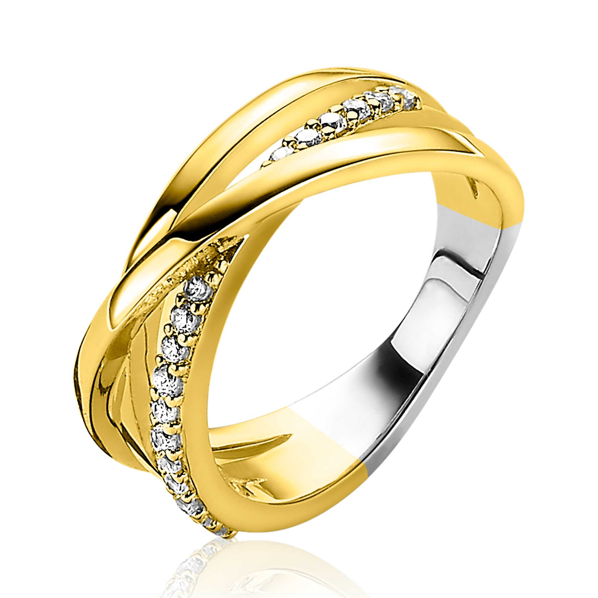 ZINZI vergoldeter Silber-Luxus-Cross-over-Ring glatt mit weißen Zirkonia ZIR1774Y