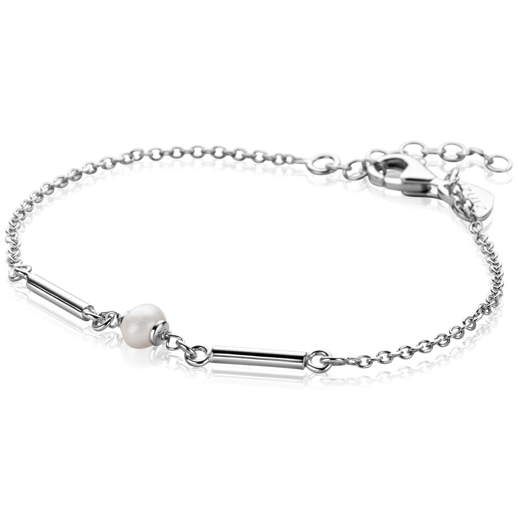 ZINZI zilveren schakel armband met twee glanzende staafjes en witte zoetwaterparel 17-20cm ZIA-BF108