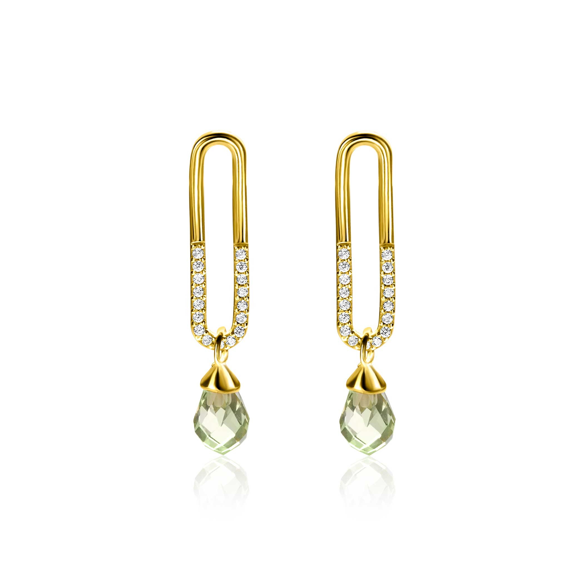 30mm ZINZI gold plated zilveren oorstekers met trendy open ovale vorm en peervormige hanger groen peridot ZIO2430