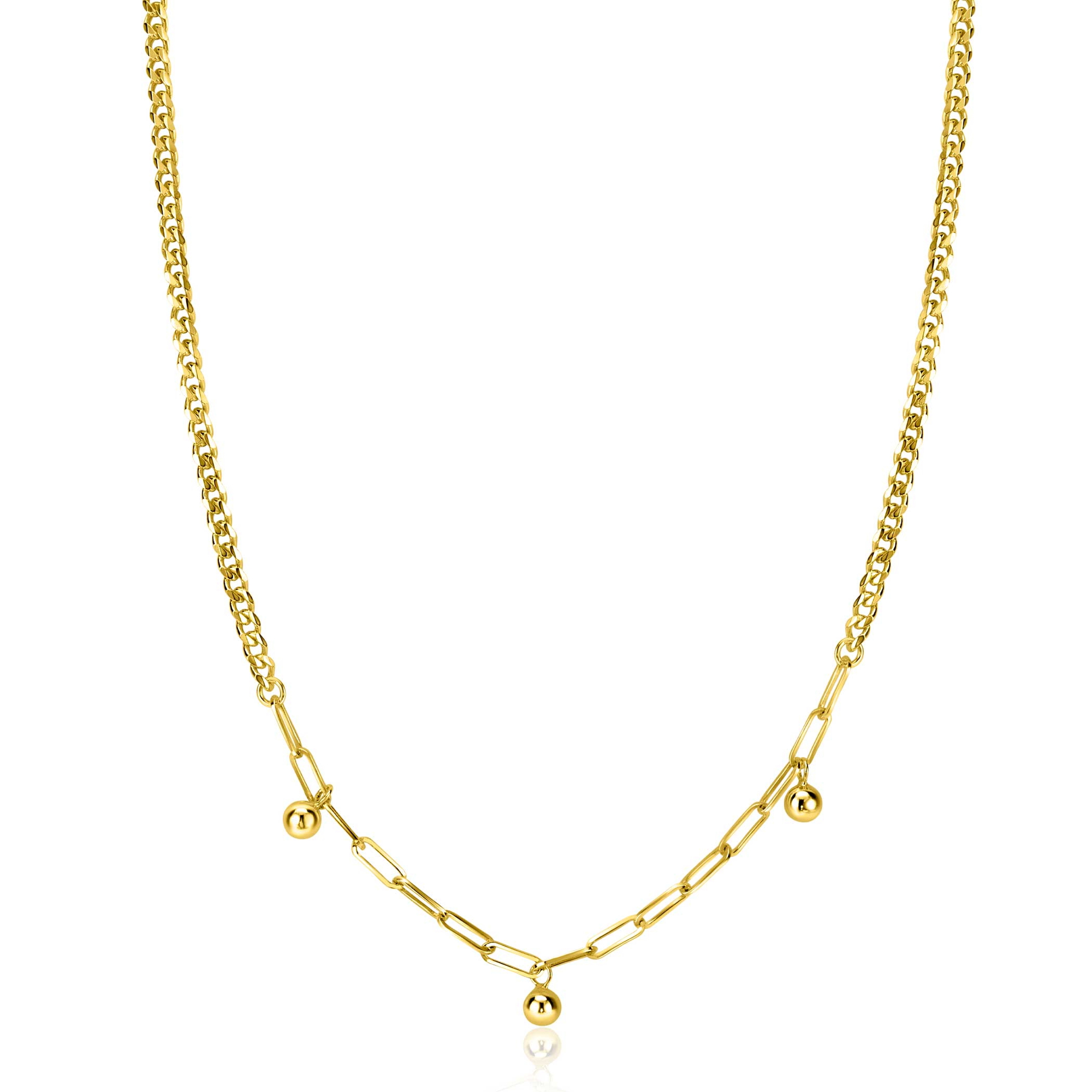 ZINZI gold plated zilveren schakelketting met gourmet en paperclip schakels en bolletjes 40-45cm ZIC2521G